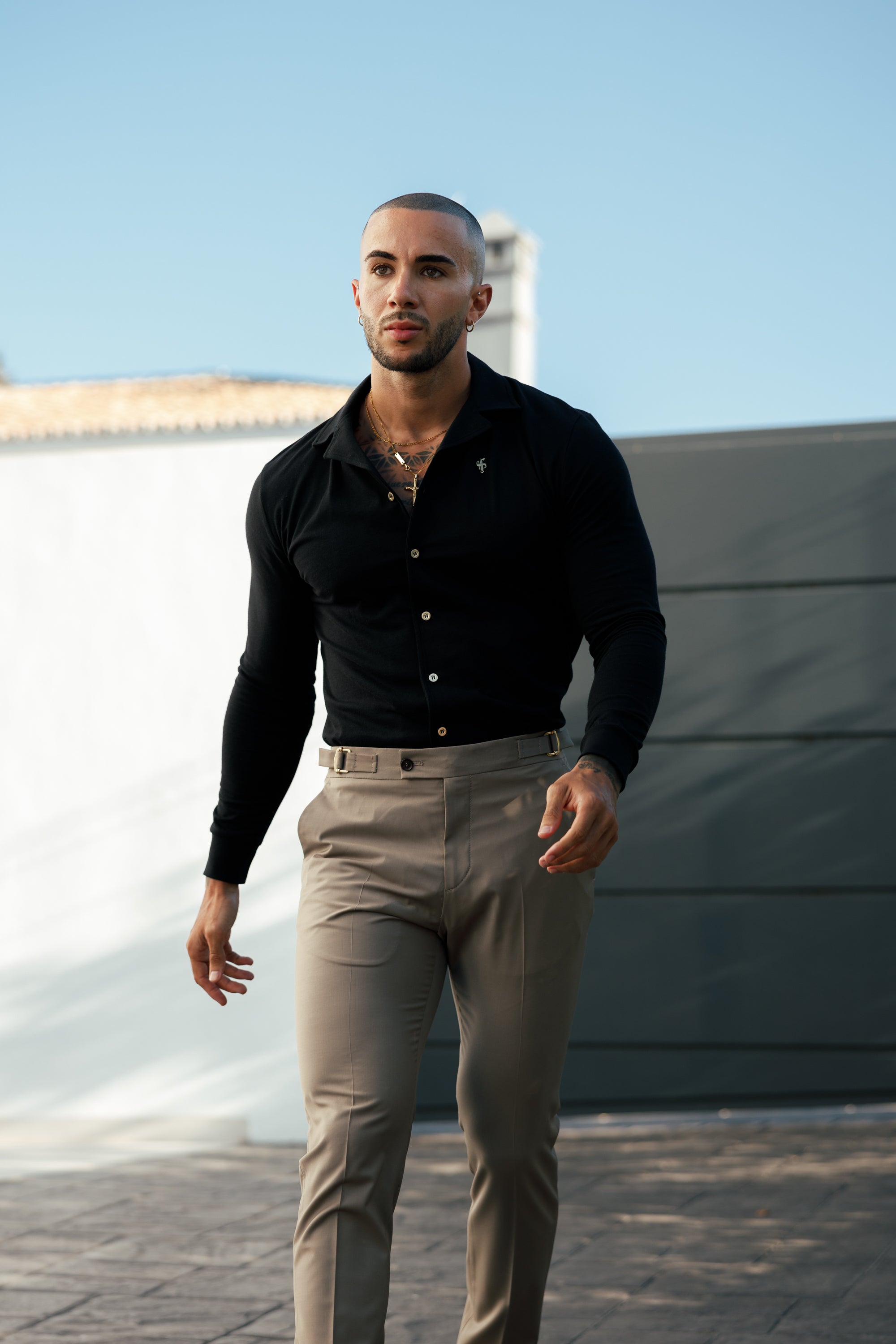 Stretch Black Pique Revere Shirt Long Sleeve - FSH1207