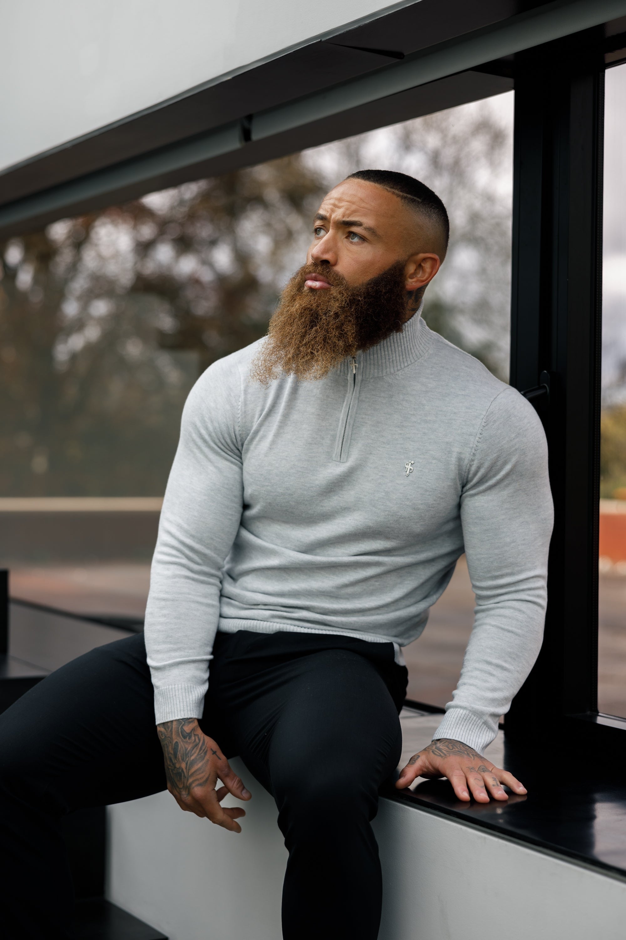 Light Grey Funnel Neck Knitted Jumper With FS Branding - FSN193