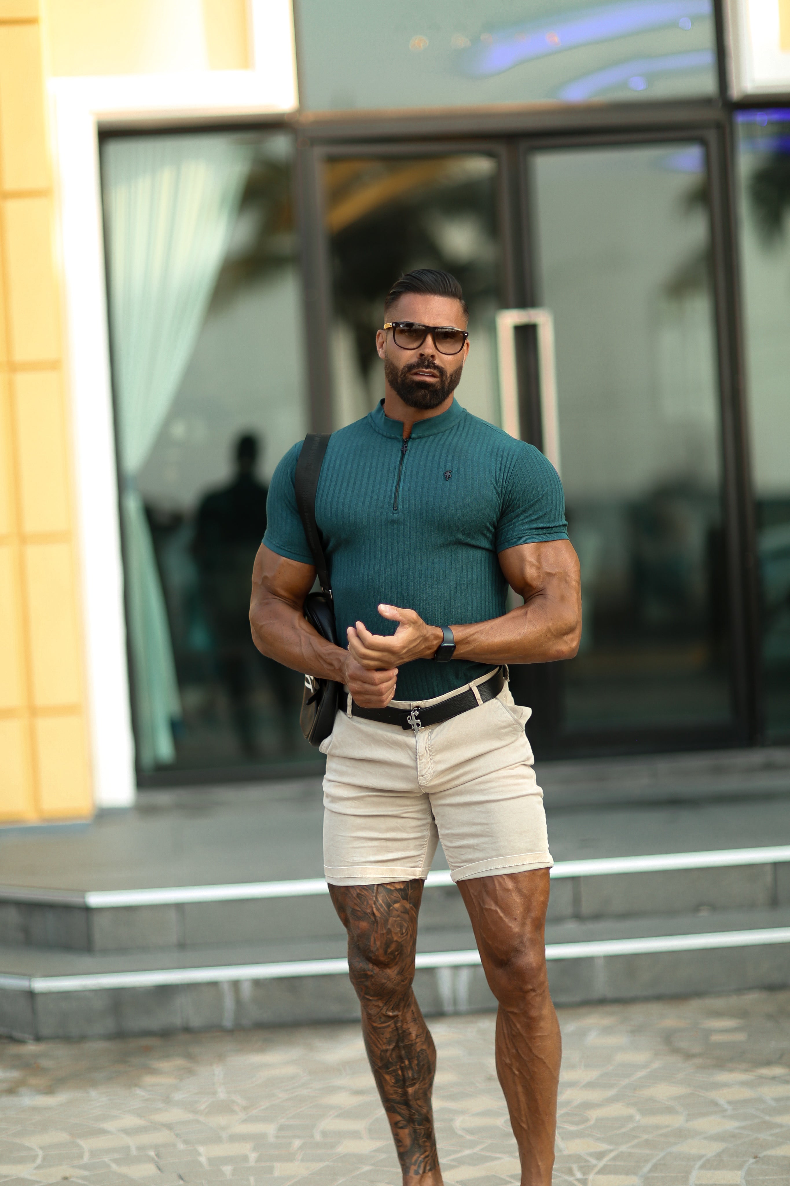 Classic Black / Black Ribbed Gold Zip Grandad Collar Shirt Short Sleeve - Black