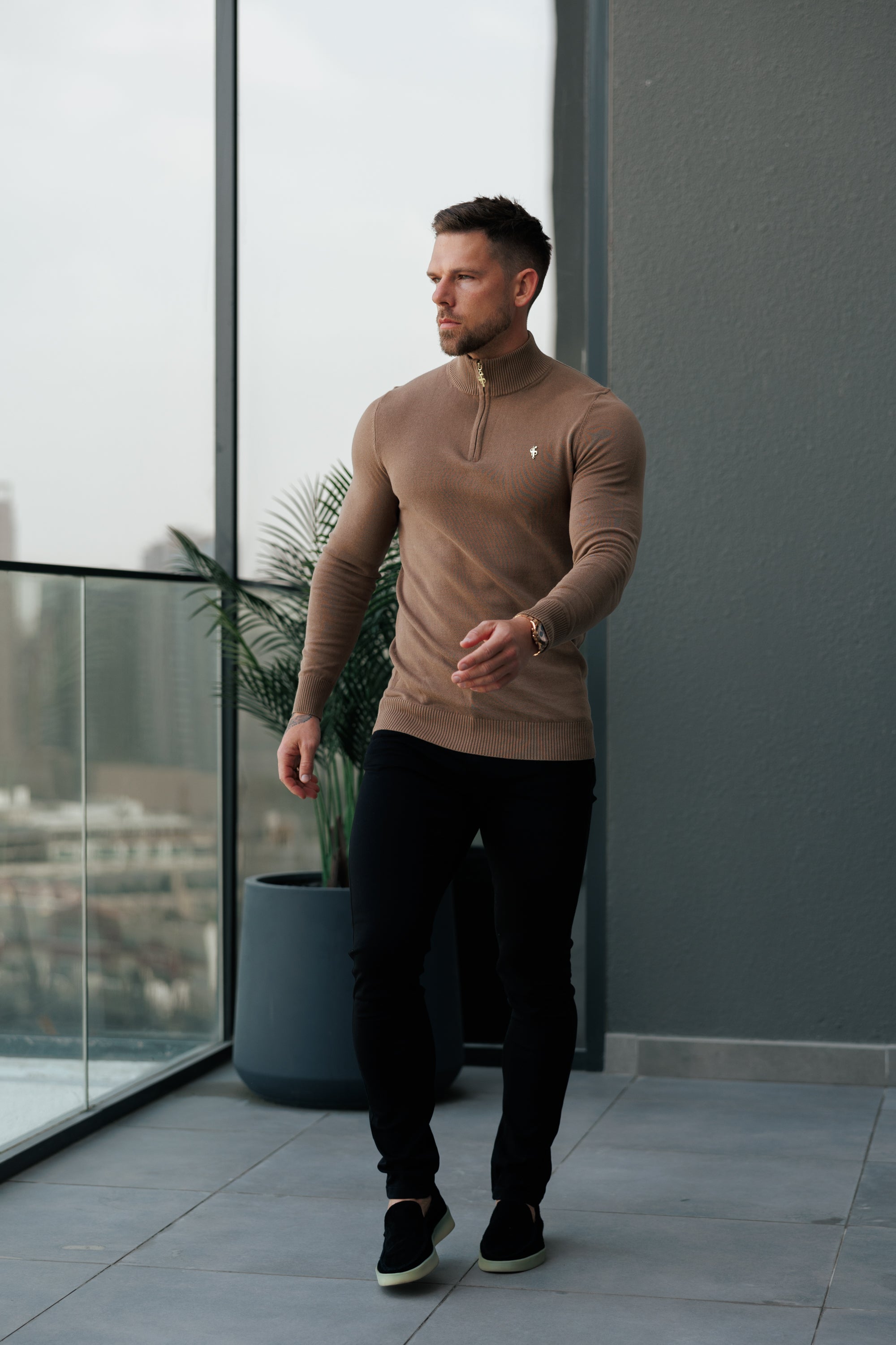 Camel Funnel Neck Knitted Jumper With FS Branding - FSN187