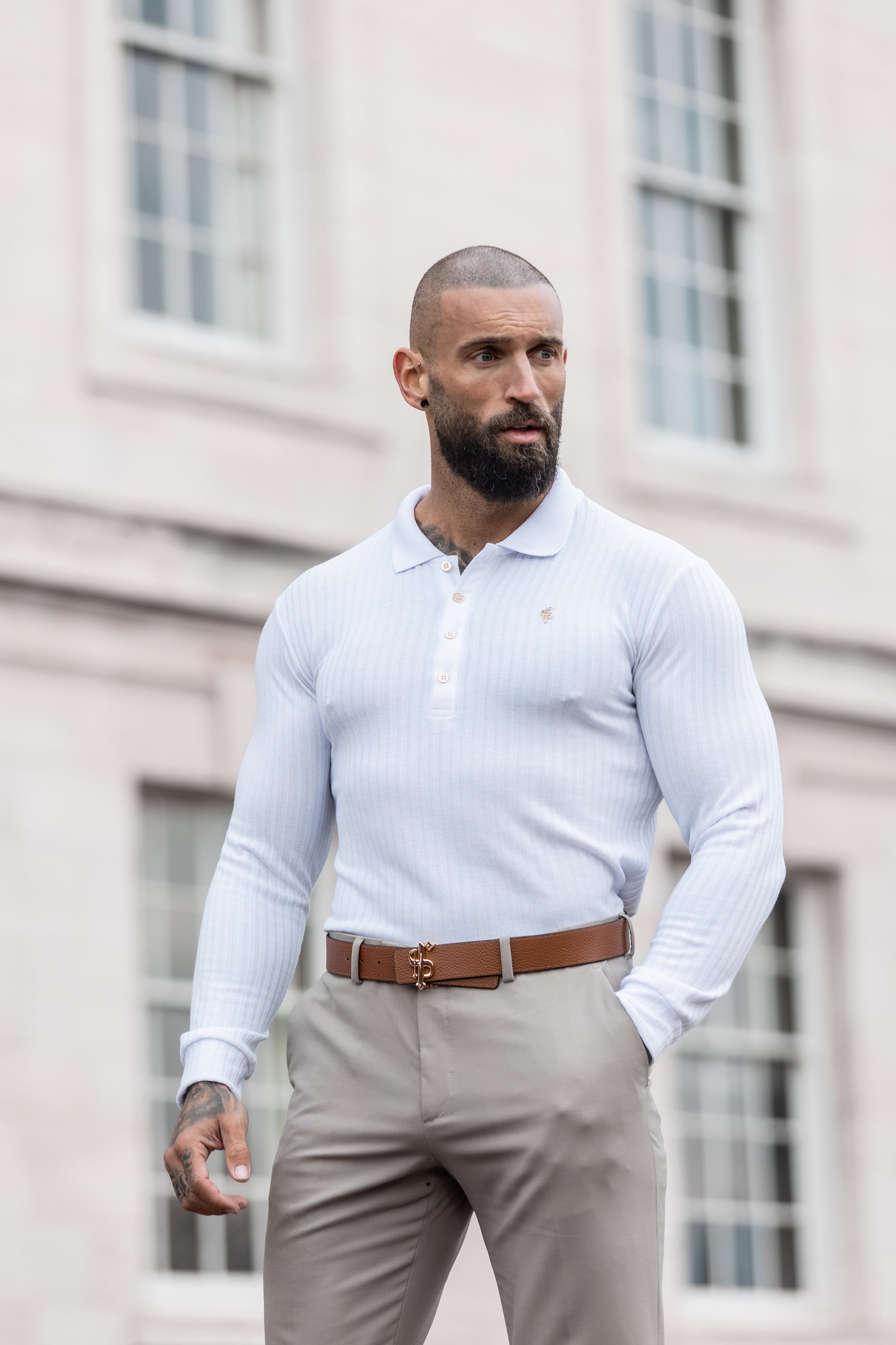 Classic White Ribbed Polo Shirt Long Sleeve With Gold Decal - FSH975