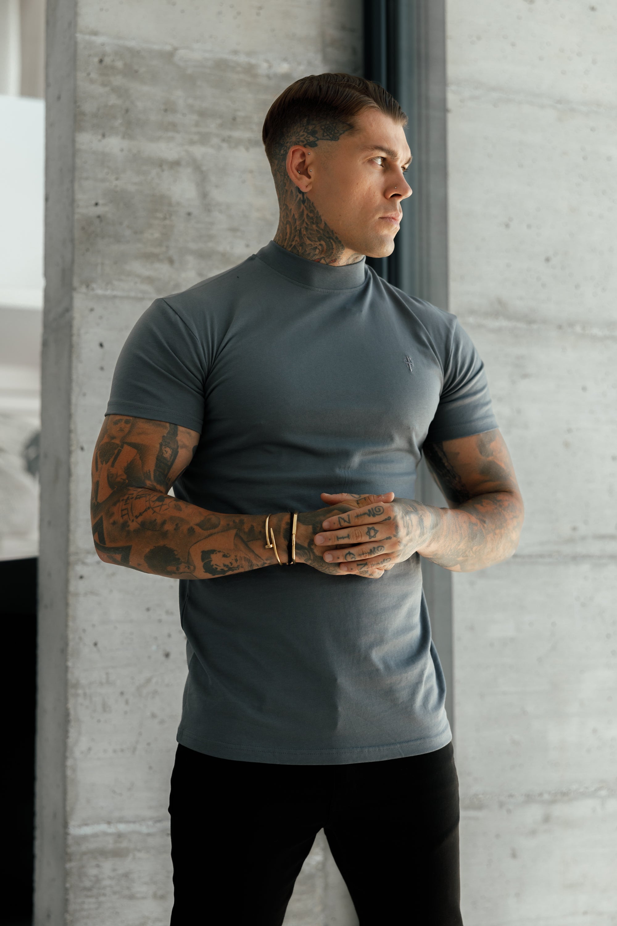 Ribbed High Neck Crew T-Shirt Short Sleeve Charcoal - FSH1115