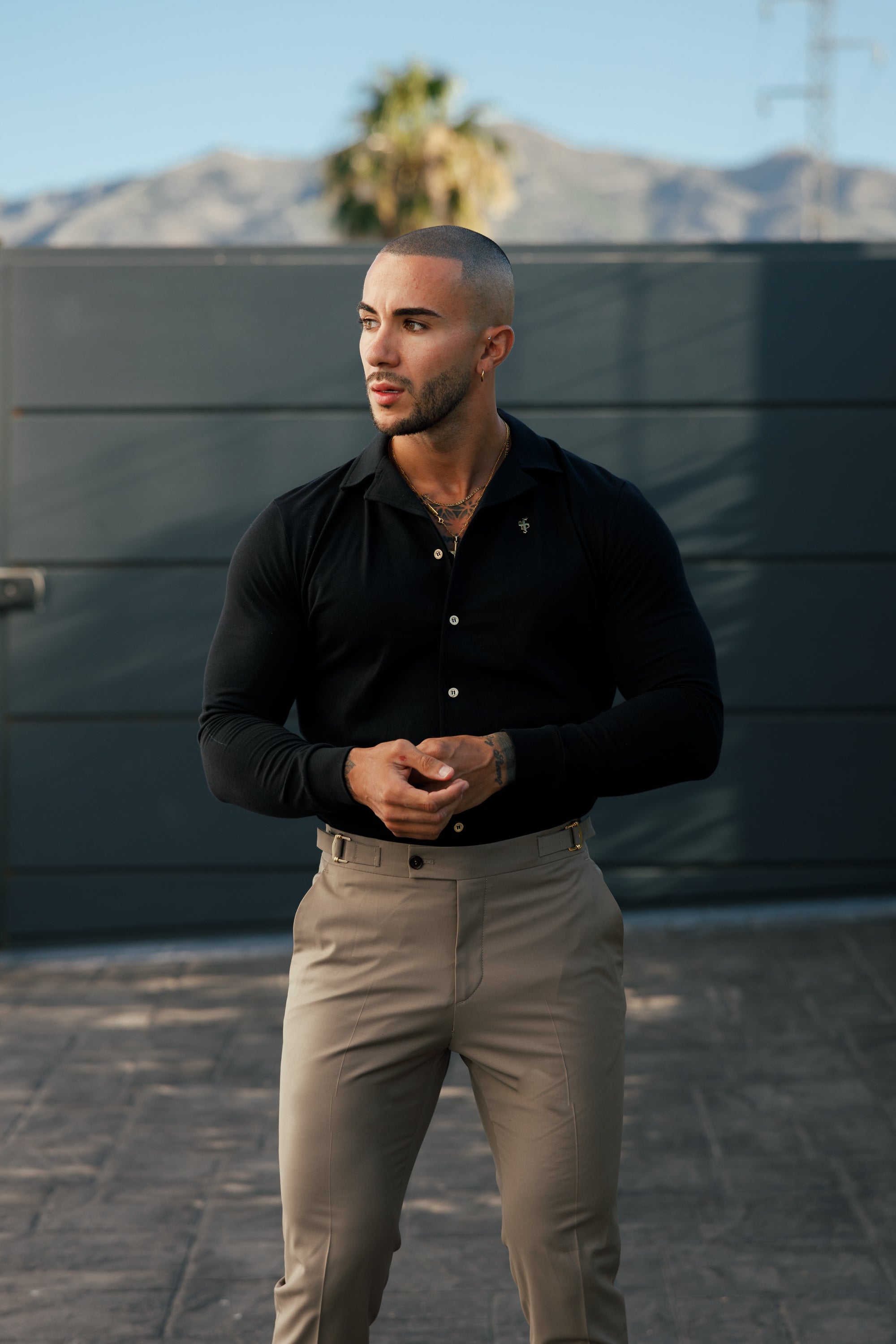 Stretch Black Pique Revere Shirt Long Sleeve - FSH1207