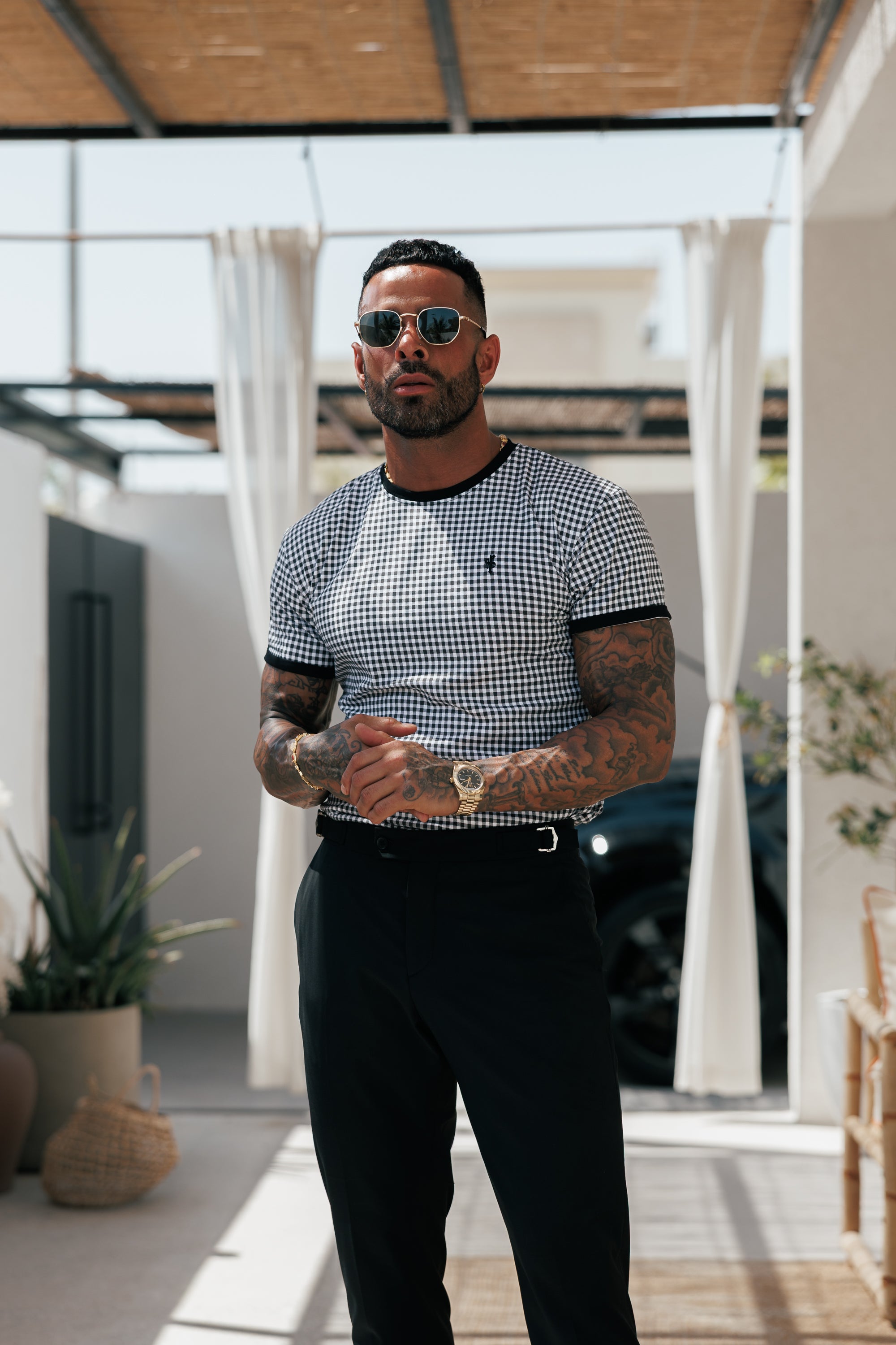 Printed Black / White Check Fitted T Shirt - FSH1238