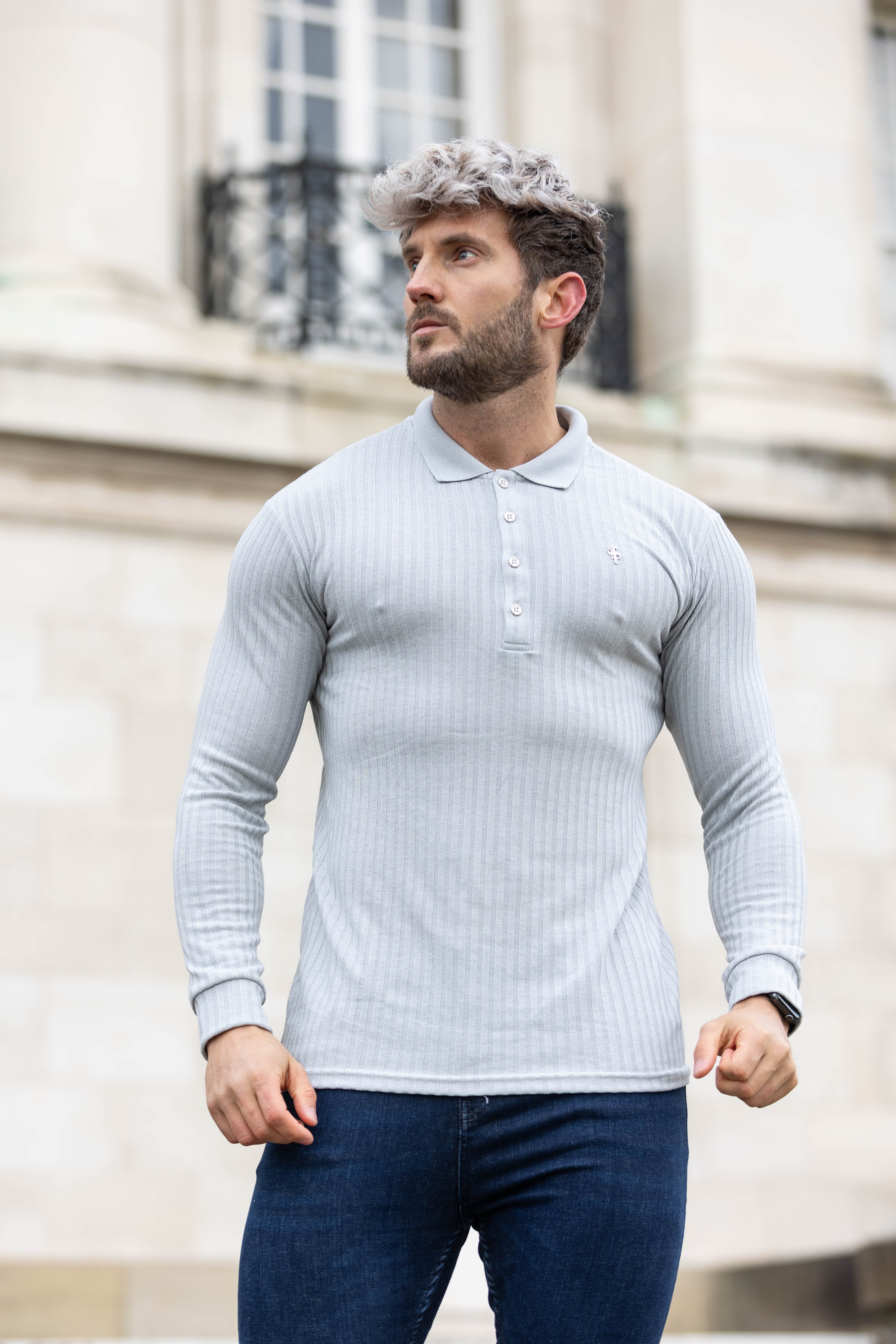 Classic Light Grey Ribbed Polo Shirt Long Sleeve With Silver Decal - FSH973