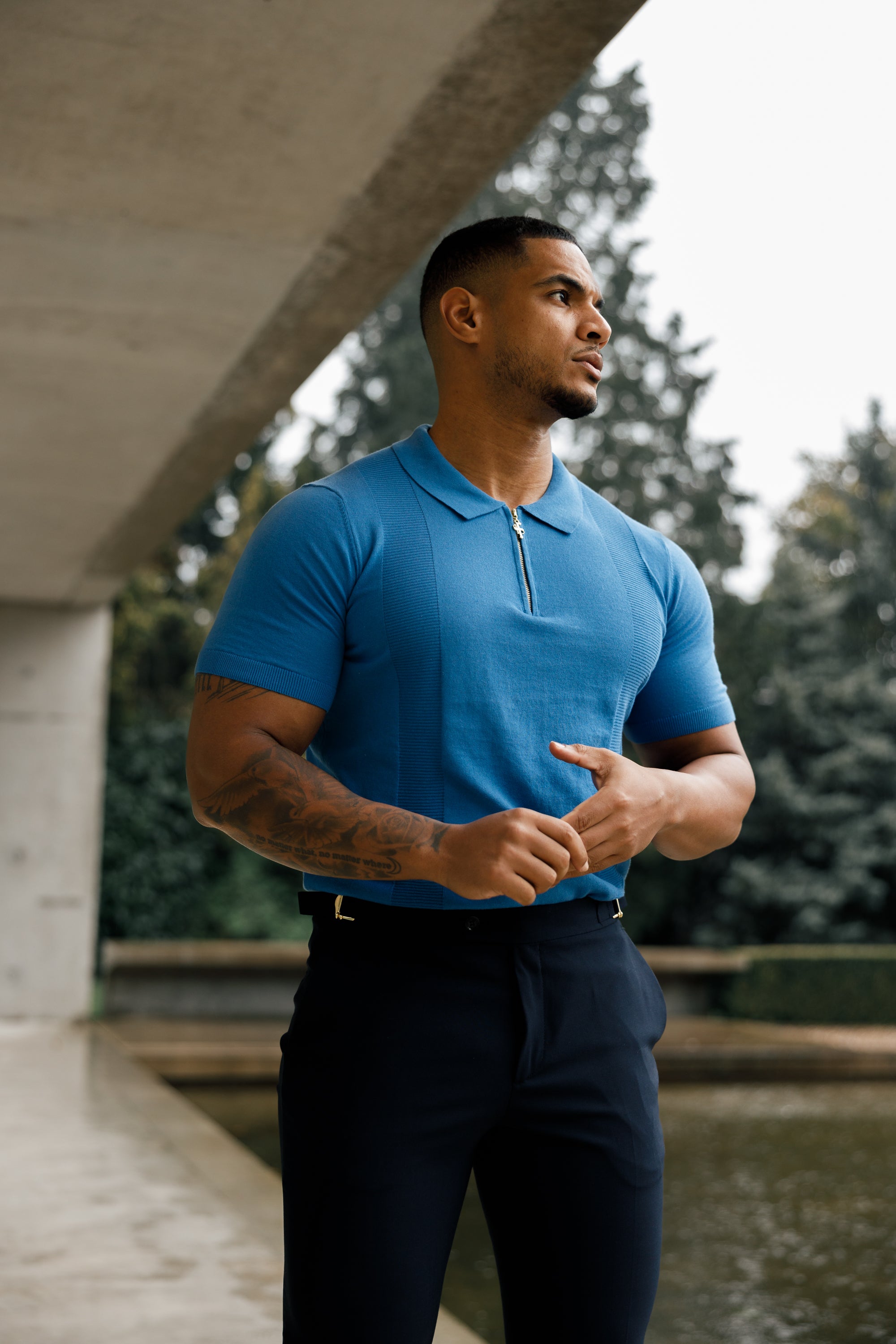 Classic Mid Blue and Gold Zip Knitted Polo Shirt Short Sleeve - FSN134