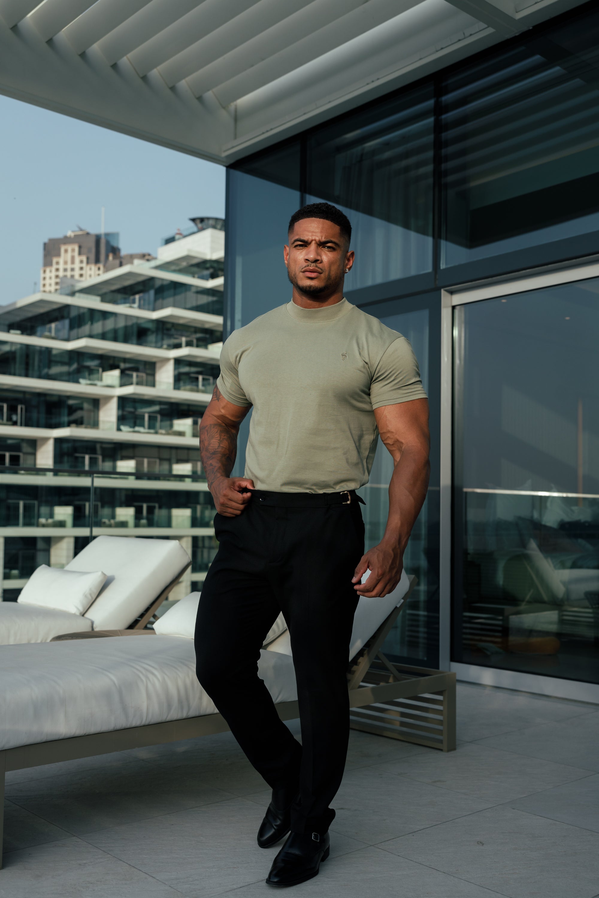 Ribbed High Neck Crew Short Sleeve Olive - FSH1010