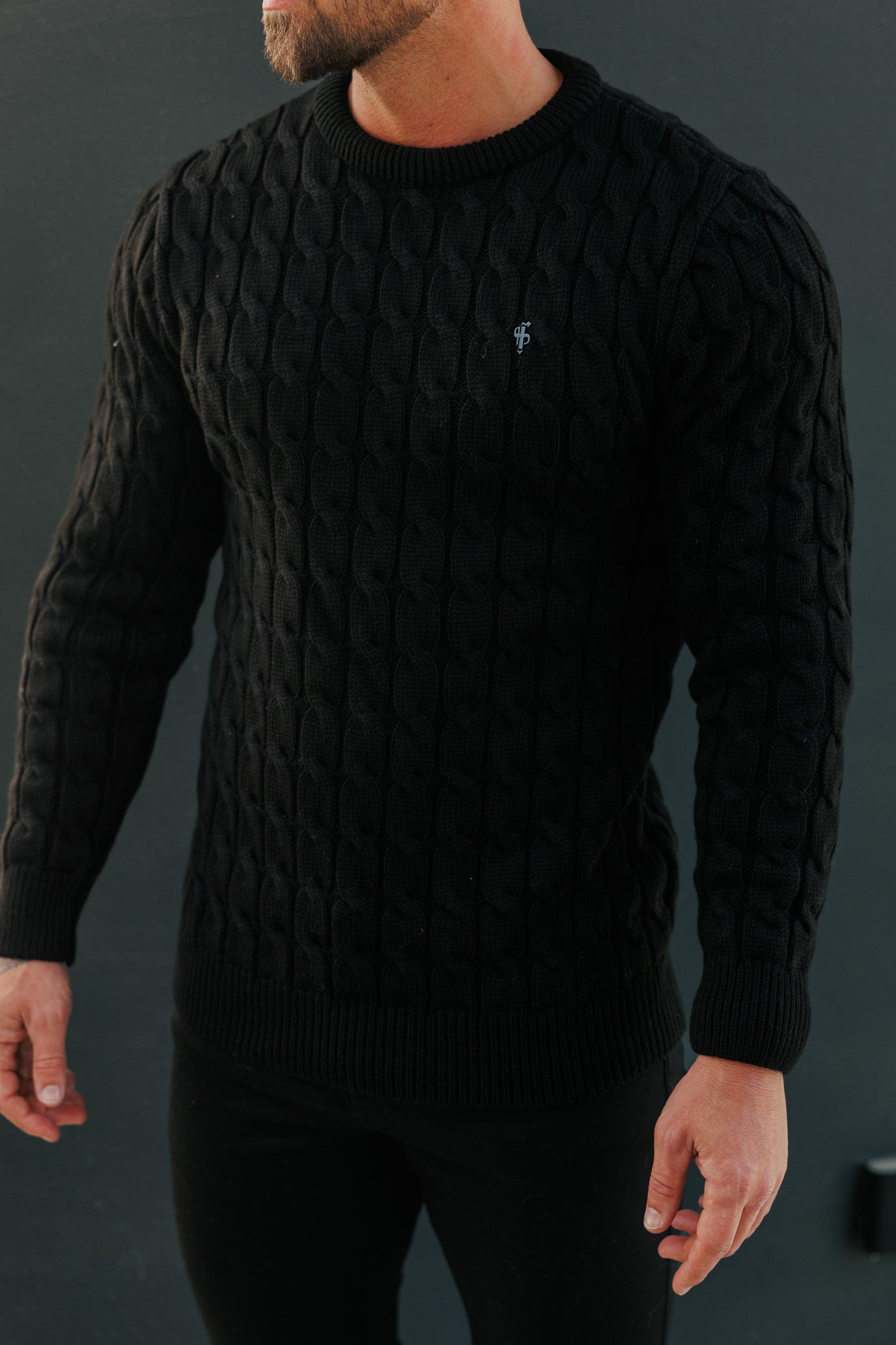 Link Weave Knit Black Crew Neck Jumper - FSJ124
