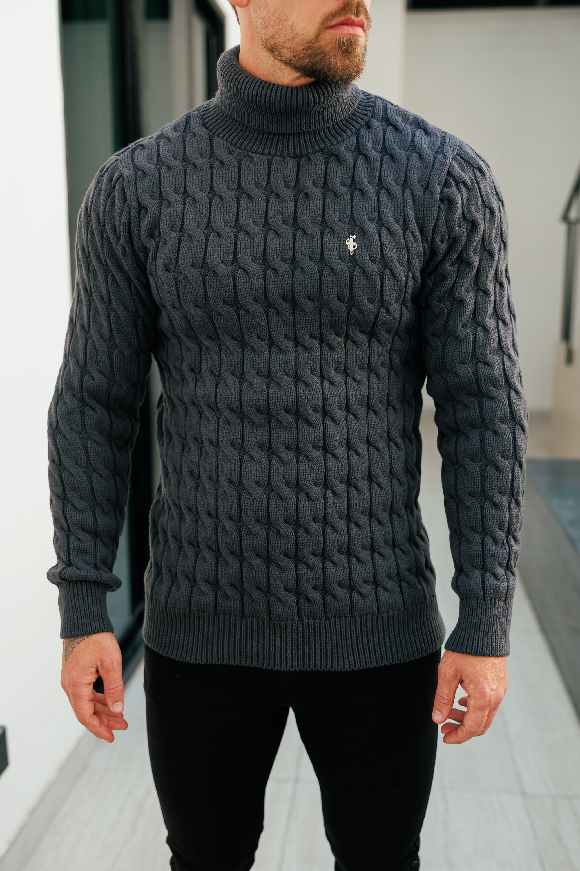Link Weave Knit Charcoal Roll Neck Jumper - FSJ105