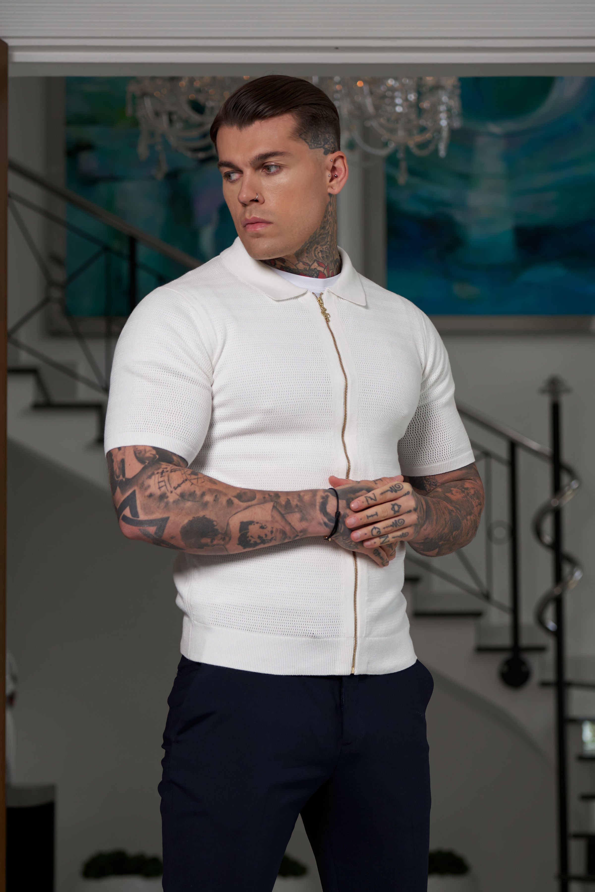 Classic Knitted Textured Design With Full Length Zip Off White Short Sleeve - FSN152