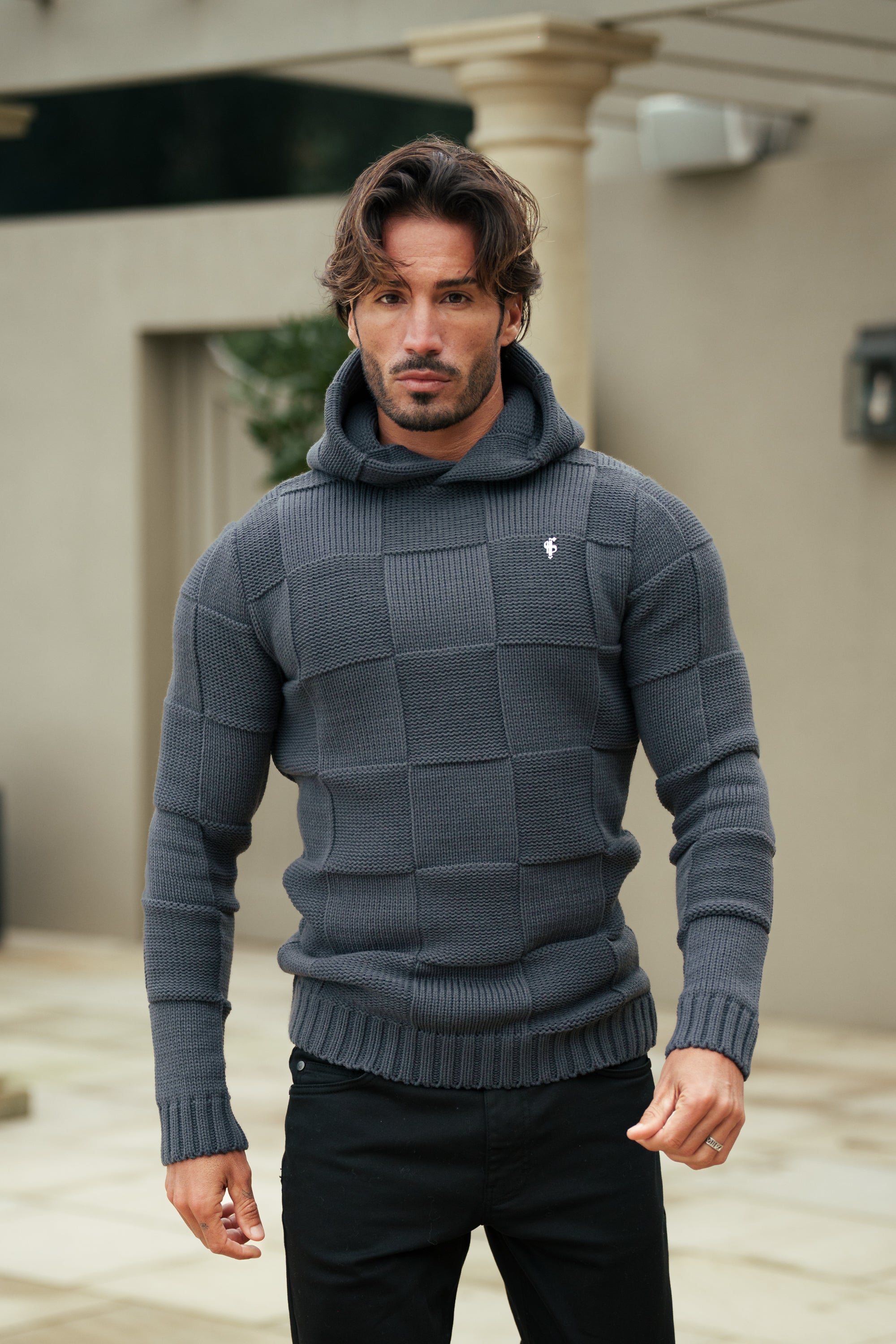 Gunmetal Checkerboard Knitted Hoodie - FSJ136