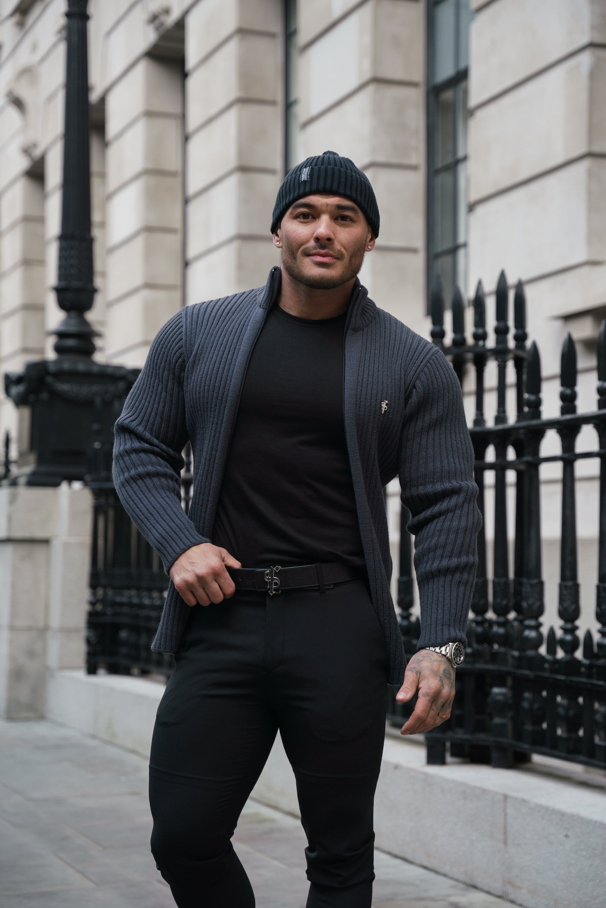 Chunky Gunmetal Ribbed Zipped Cardigan - FSJ072