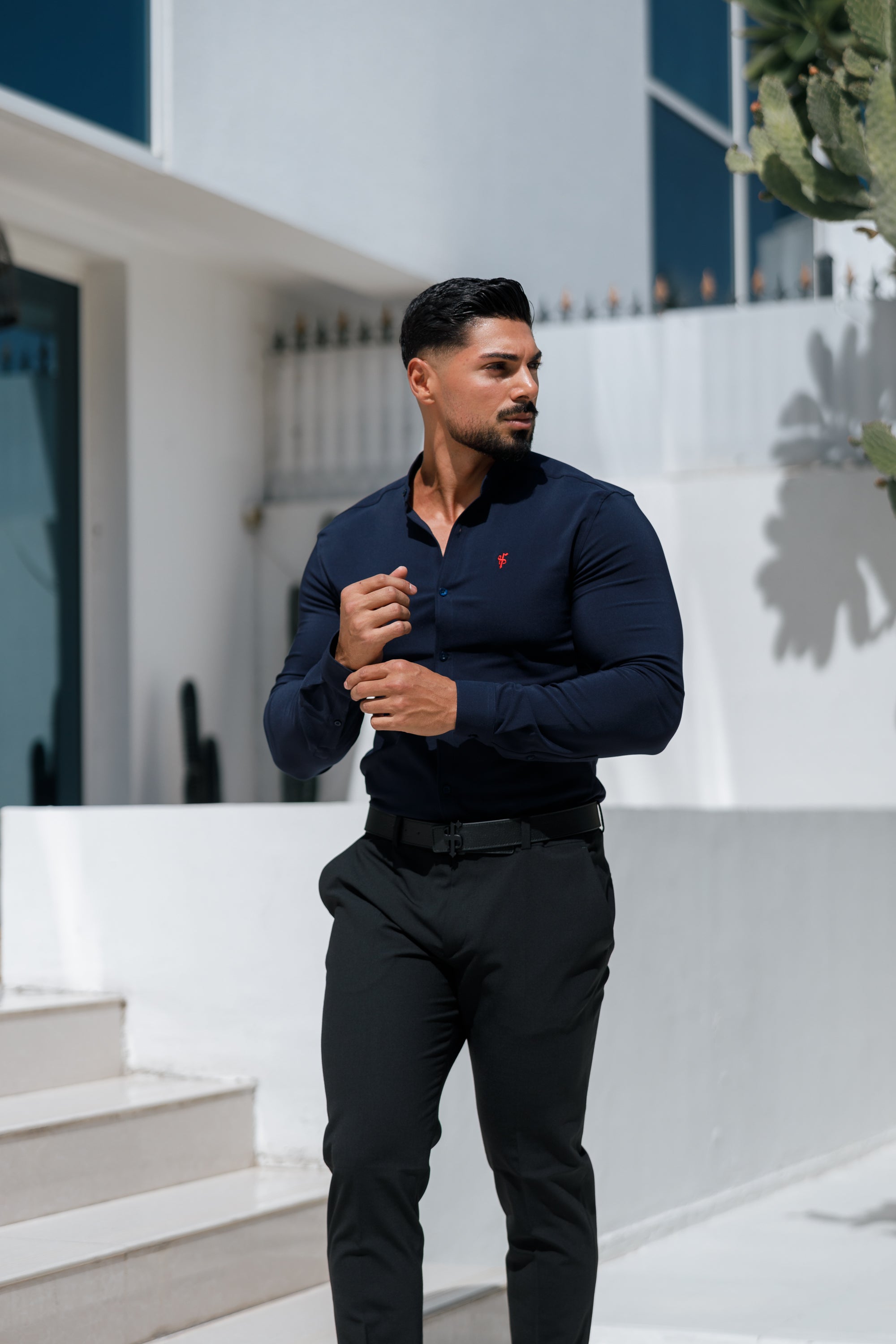 Super Slim Scuba Navy / Red Long Sleeve Stretch with Grandad Collar - FS1000