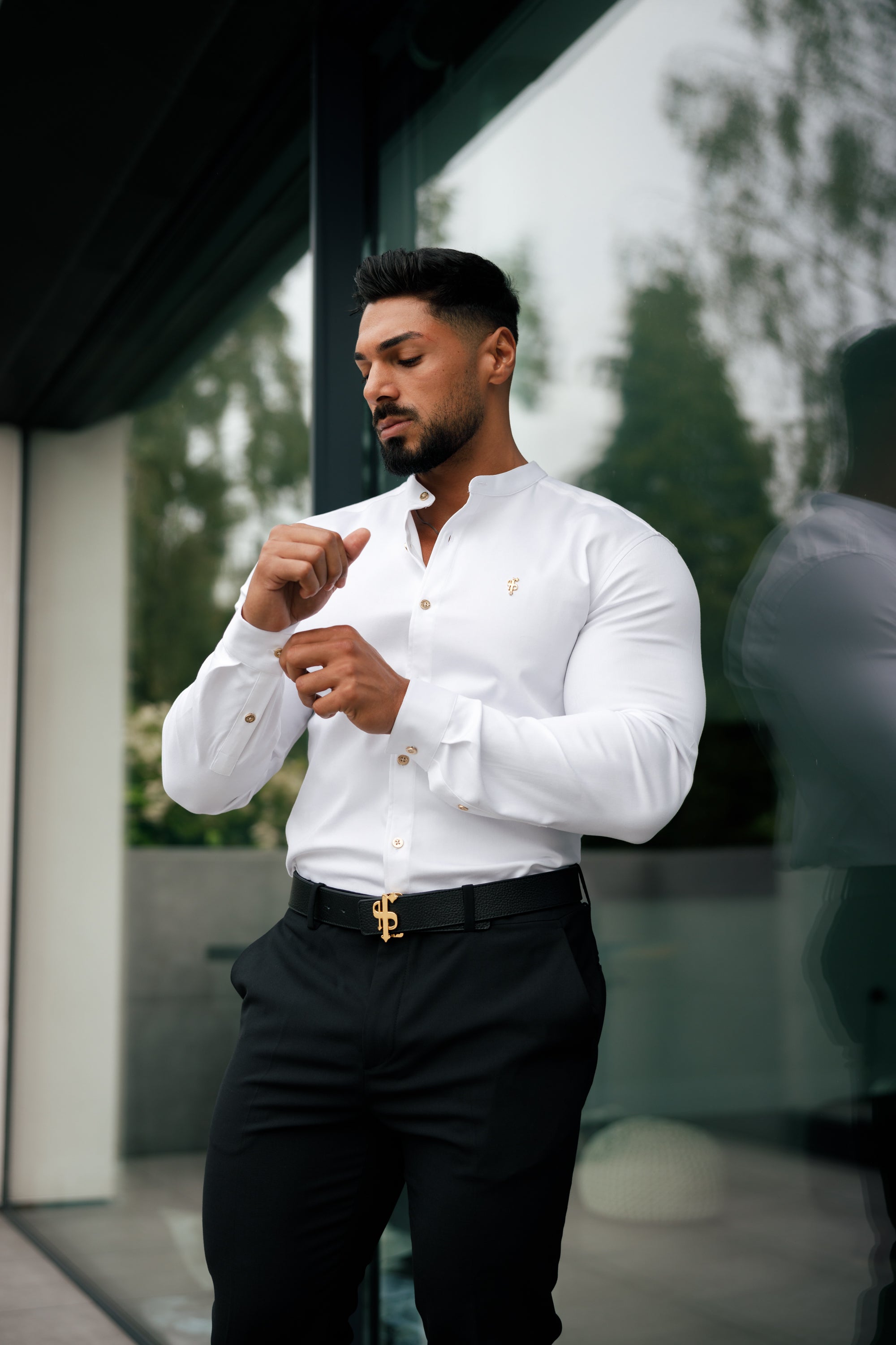 Super Slim Stretch White Denim Long Sleeve Grandad collar with Metal Buttons and Decal Emblem - FS719