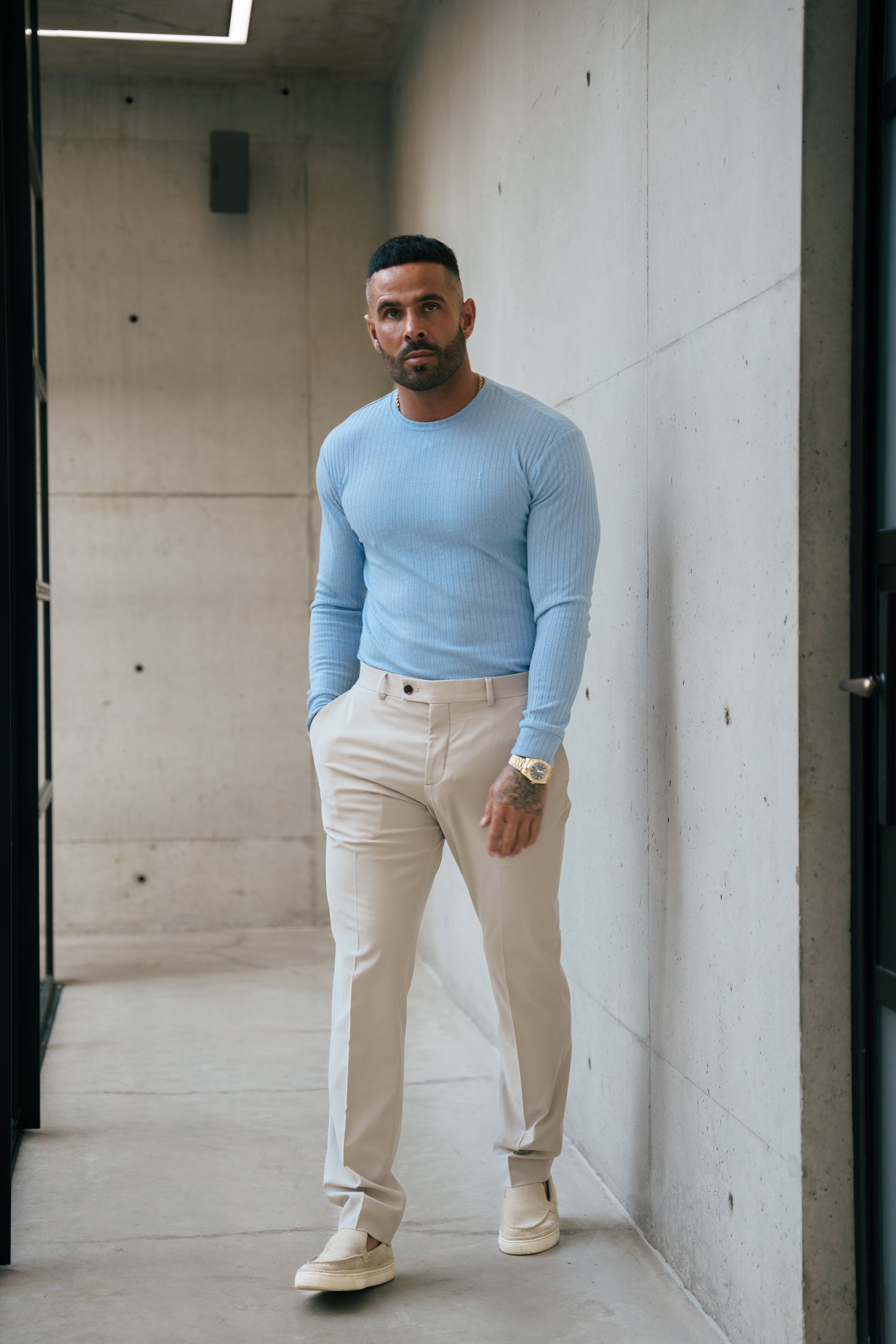 Classic Light Blue Ribbed Knit Jumper With Tonal Embroidery - FSH1286