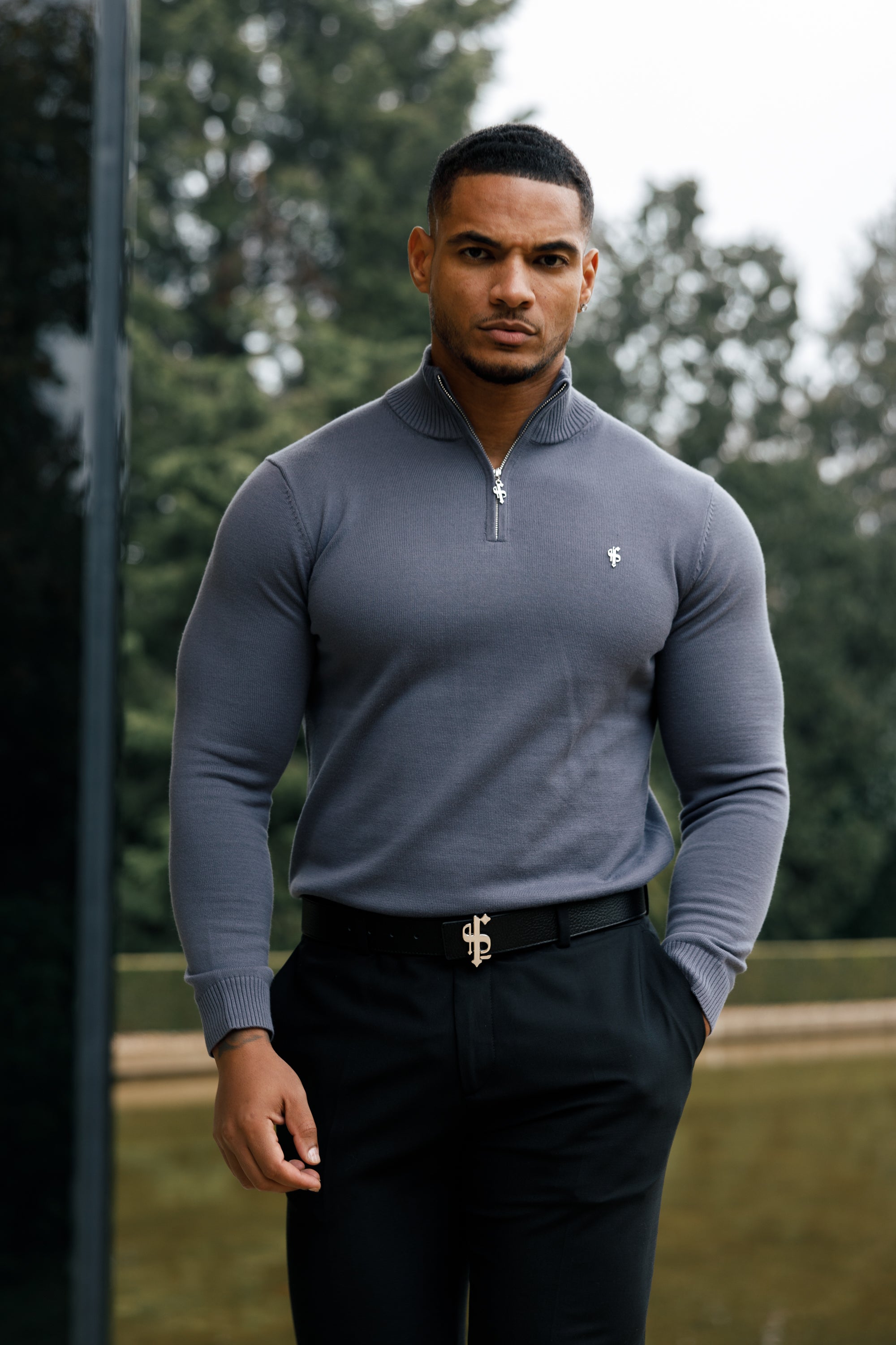 Gunmetal Funnel Neck 1/2 Zip Knitted Jumper - FSN120