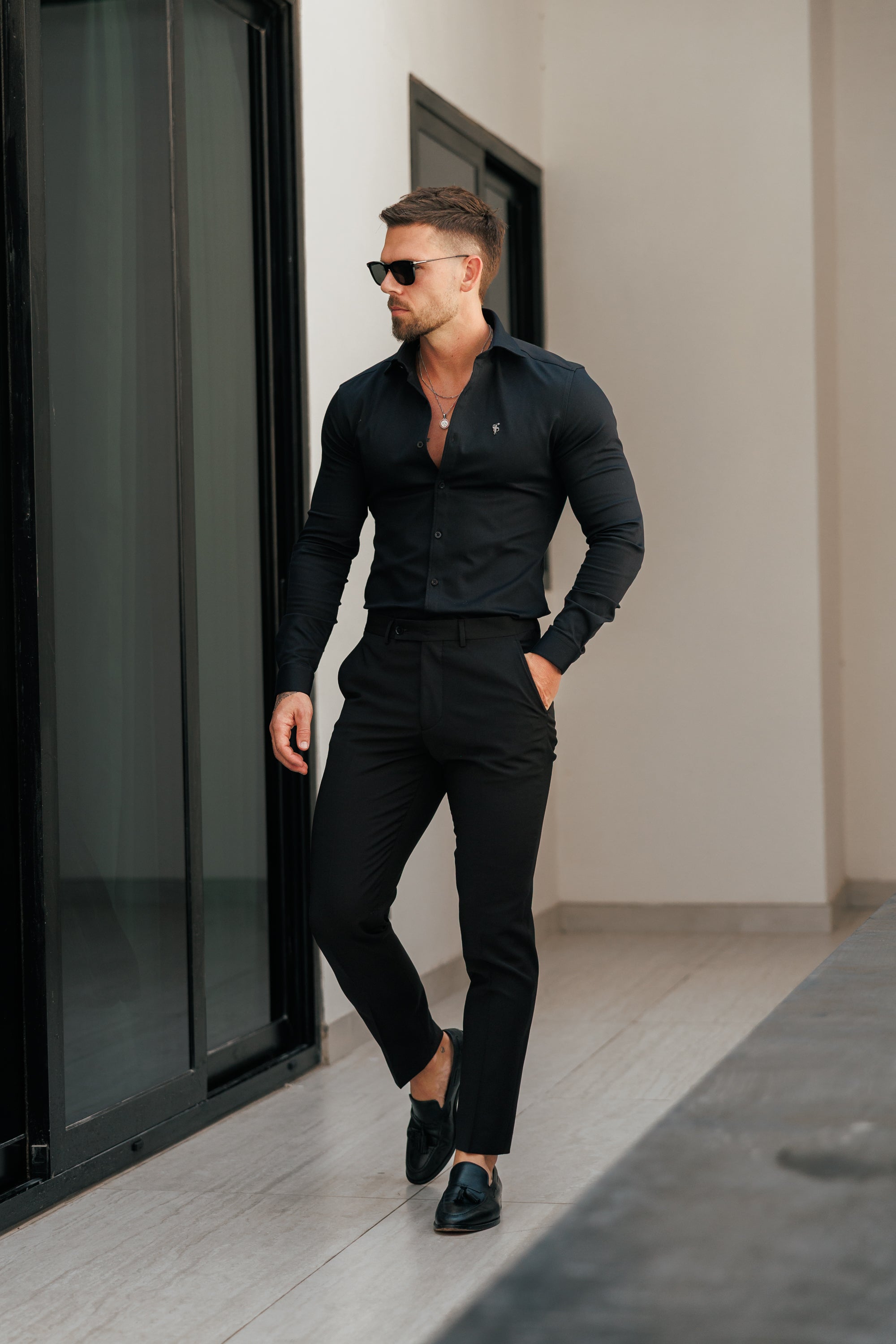 Super Slim Stretch Black Denim Long Sleeve with Gunmetal Metal Decal and Cutaway Collar - FS1169