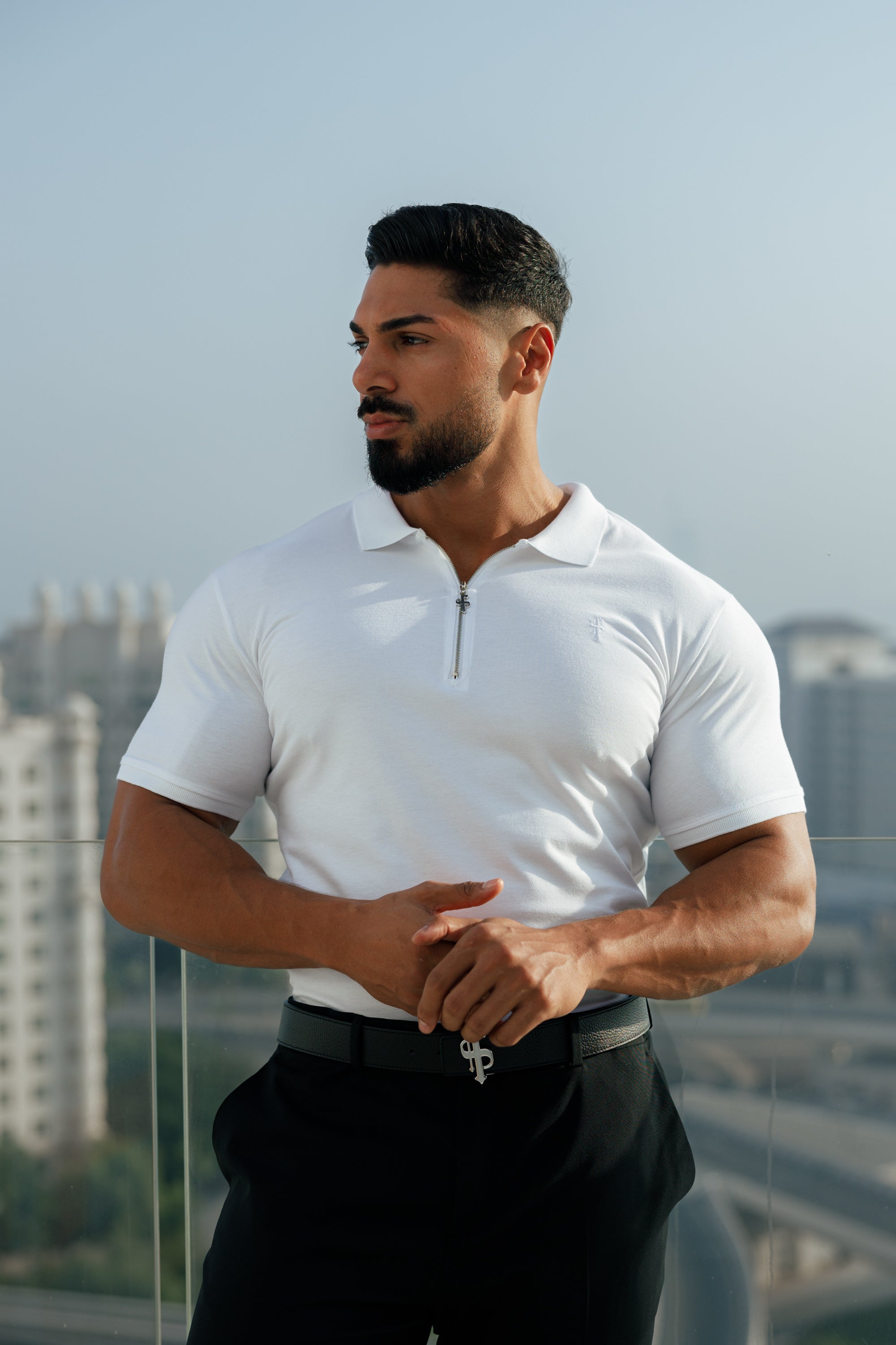 Classic White and Silver Zipped Polo Shirt - FSH853