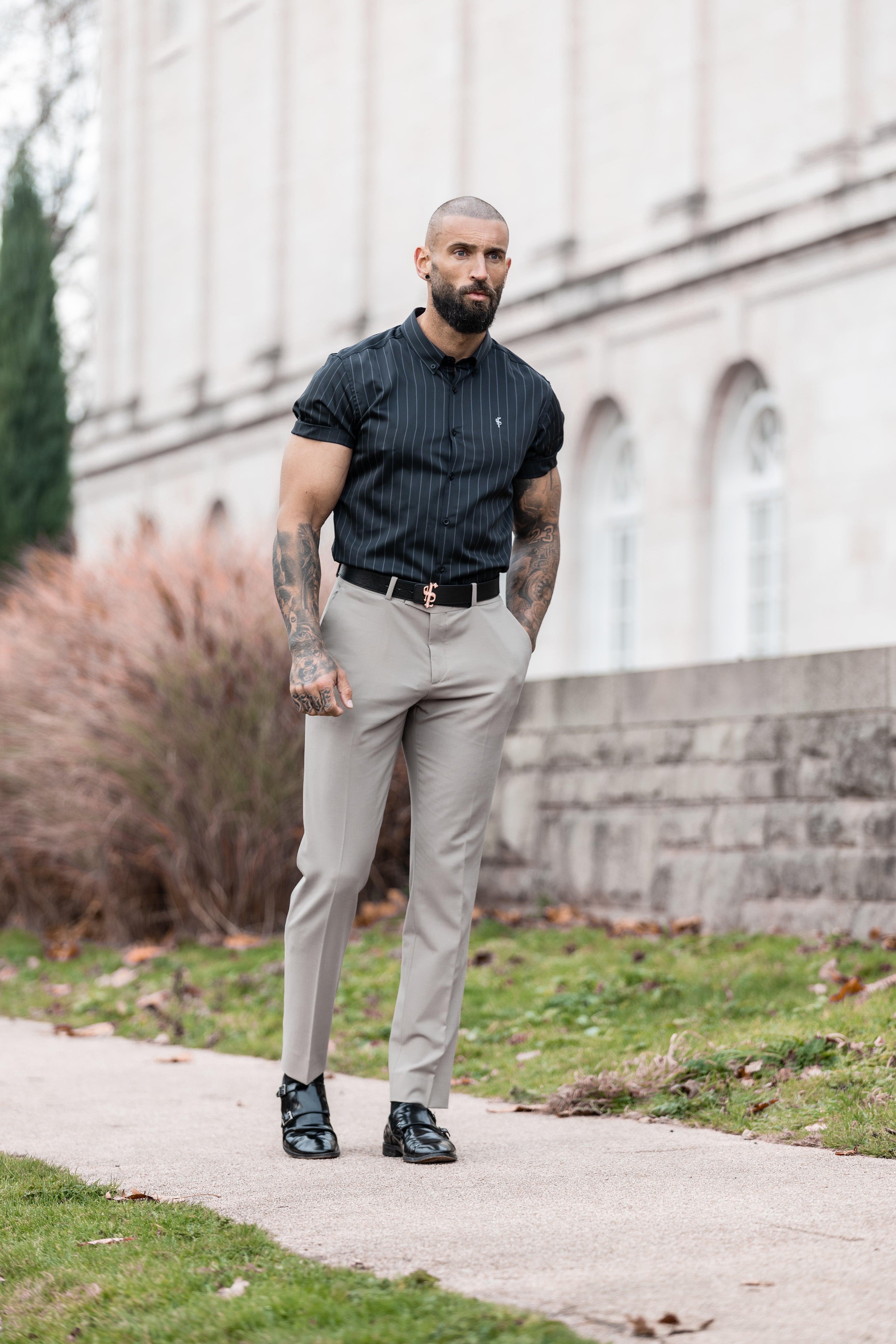 Classic Black / Grey Woven Sateen Stripe Short Sleeve - FS992