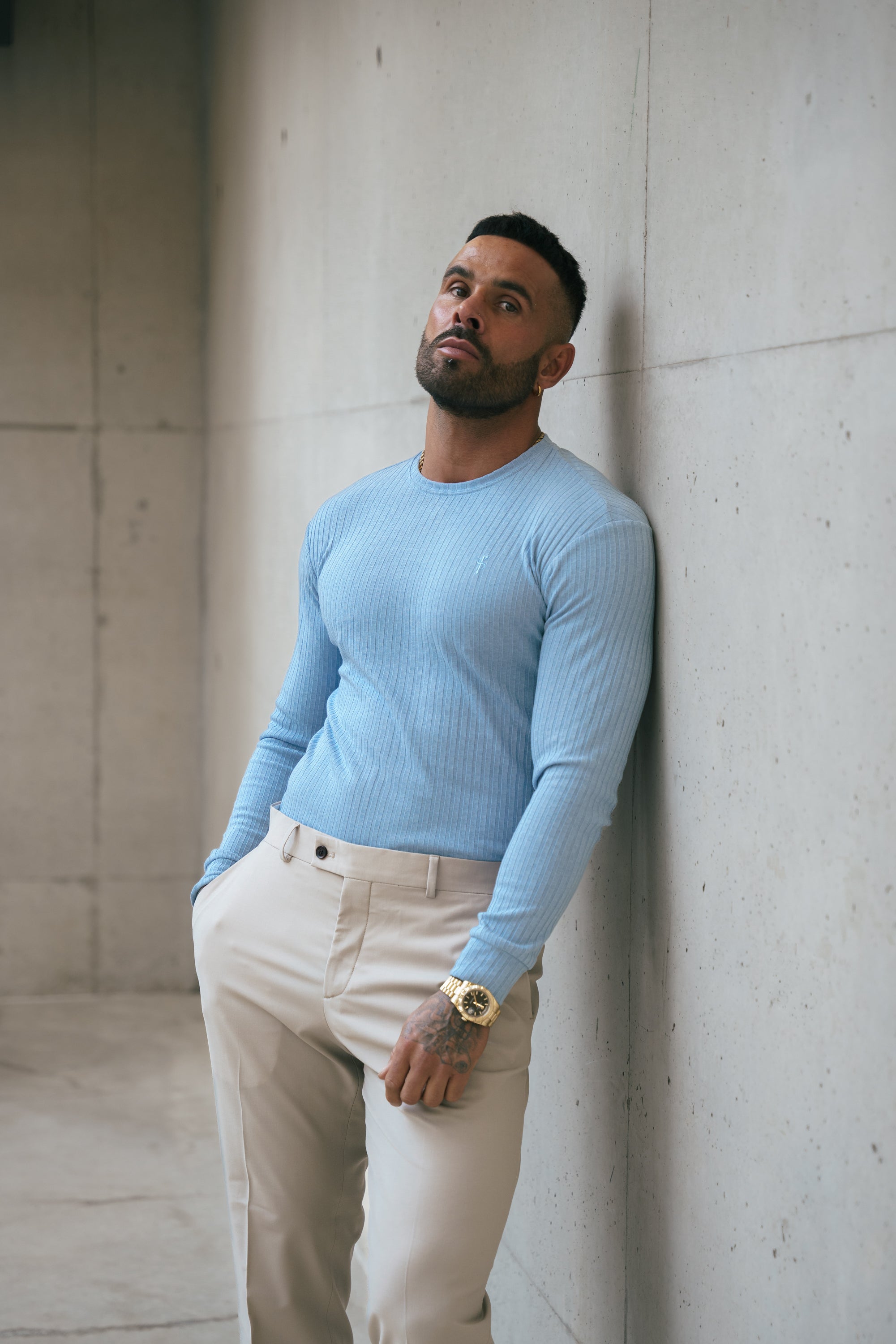 Classic Light Blue Ribbed Knit Jumper With Tonal Embroidery - FSH1286