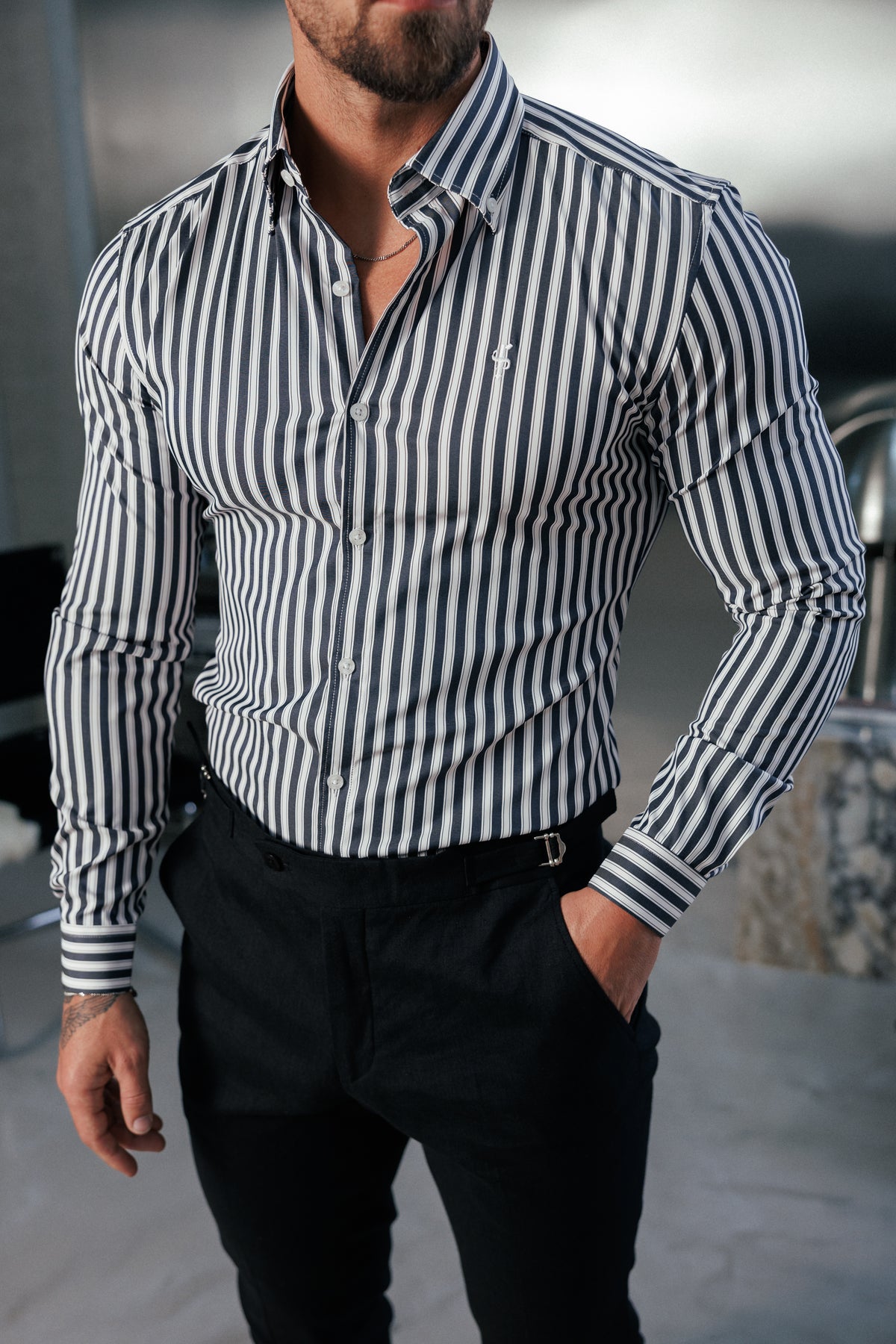 Super Slim Stretch Sateen Touch White / Navy Double Stripe Long Sleeve - FS1287