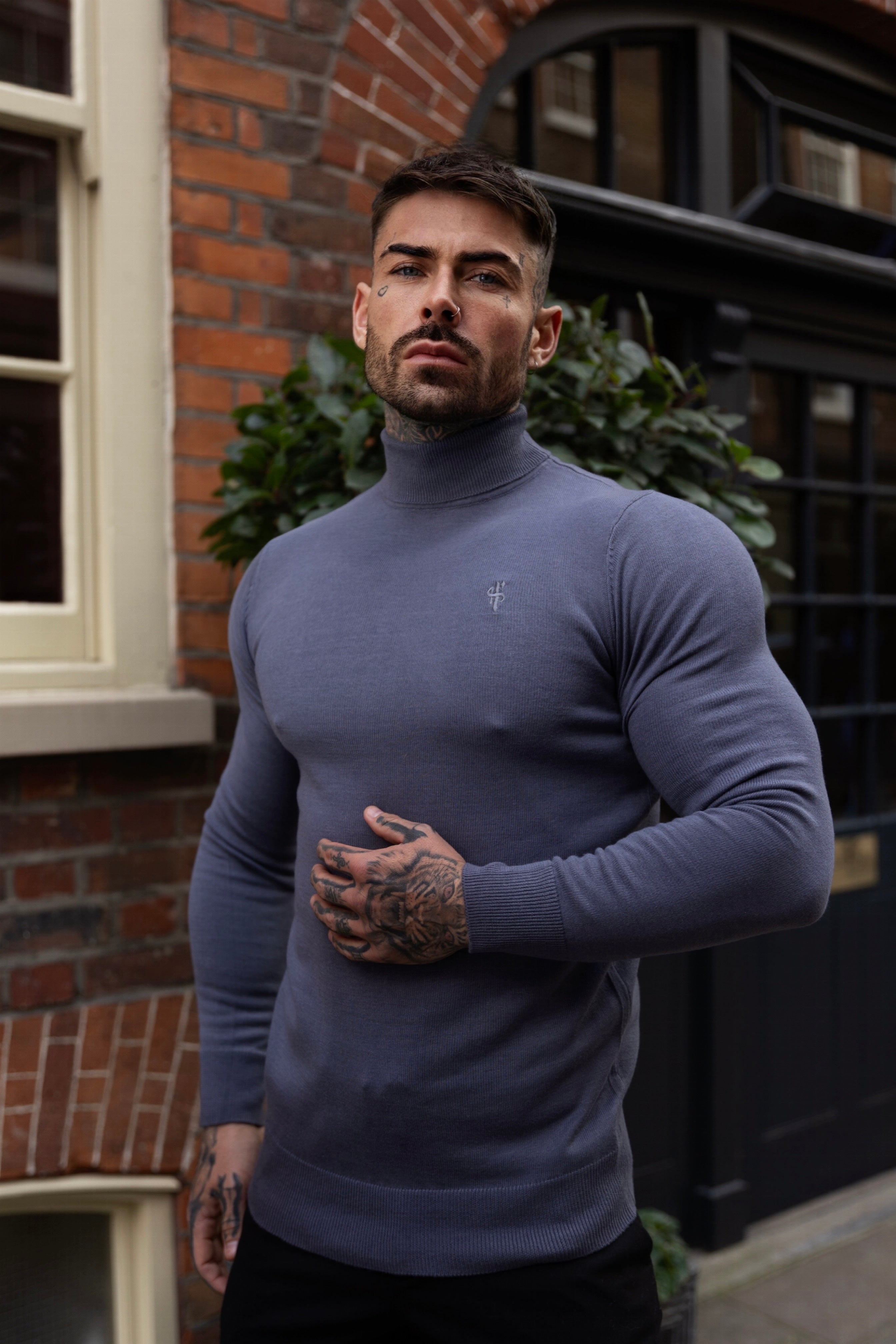 Classic Gunmetal Roll Neck Knitted Jumper With Tonal Emblem - FSN137
