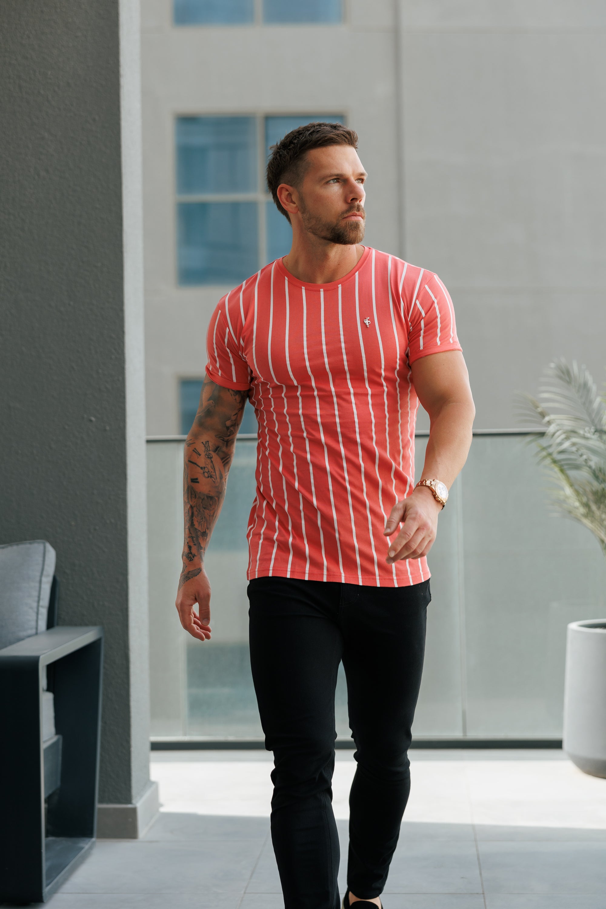 Printed Coral / White Stripe Fitted T Shirt - FSH1171