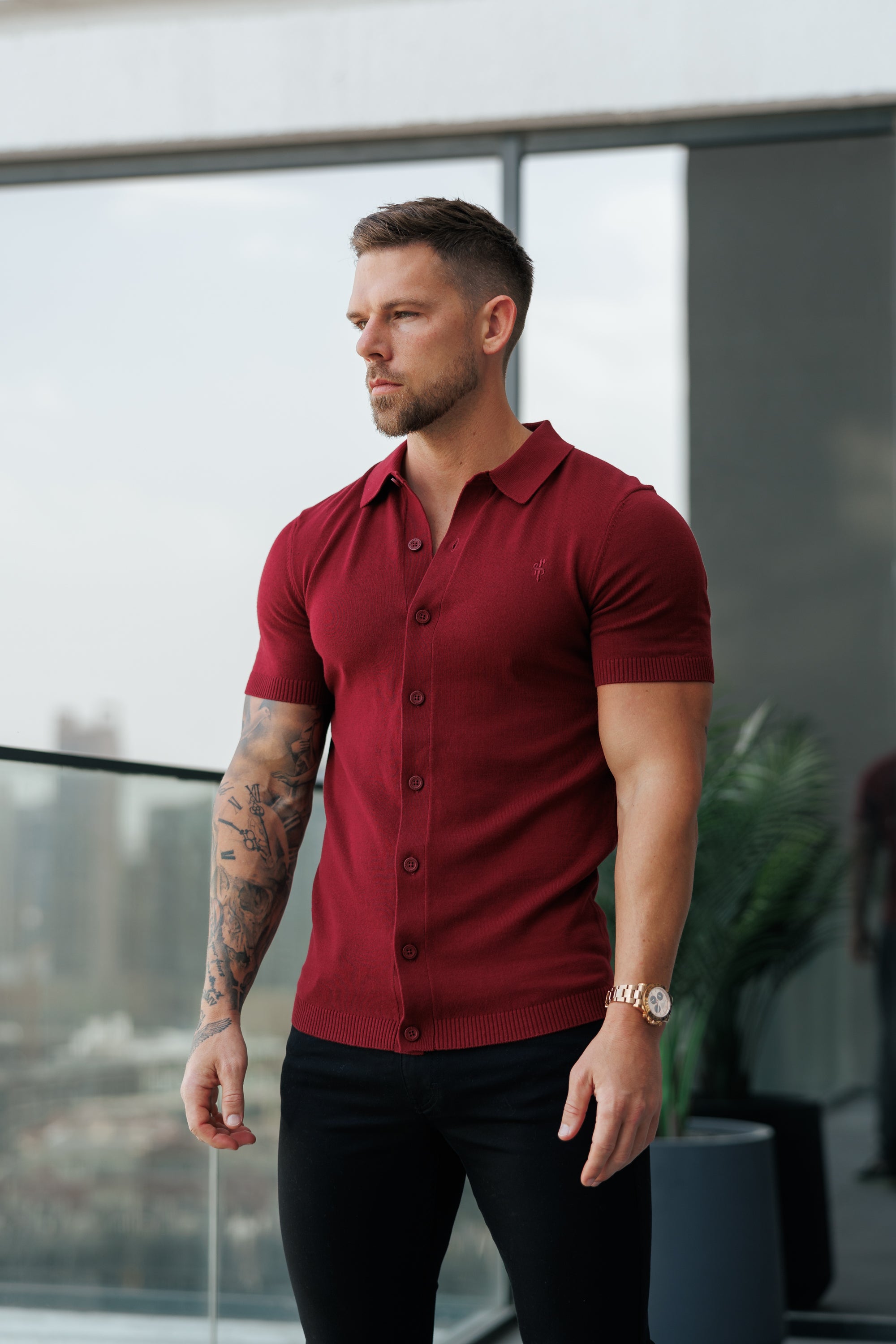 Classic Plain Burgundy Knitted Button Through Polo Short Sleeve - FSN217