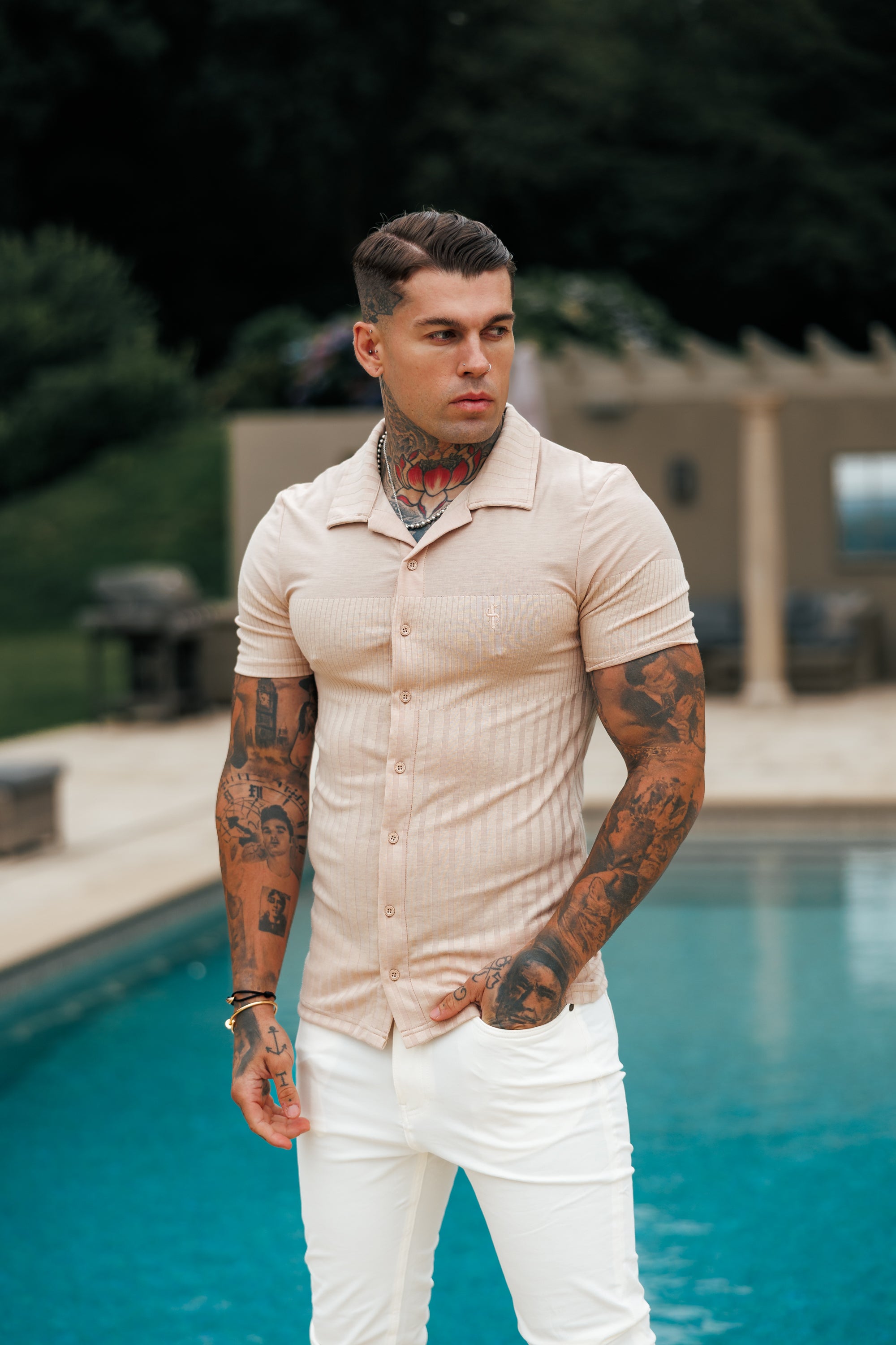 Jersey Revere Vertical Stripe Beige Shirt Short Sleeve - FSR026