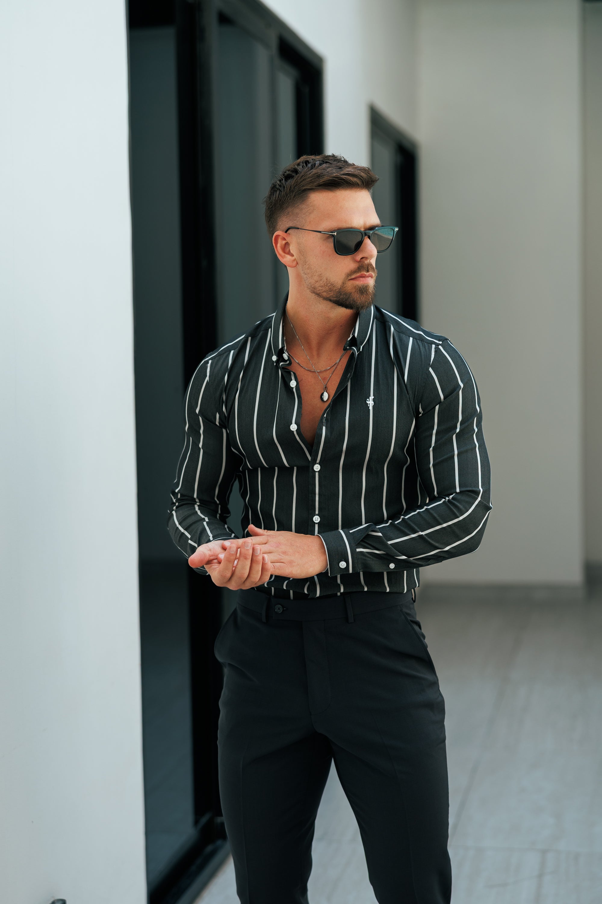 Super Slim Stretch Charcoal / White Printed Wide Stripe Long Sleeve with Button Down Collar - FS1224