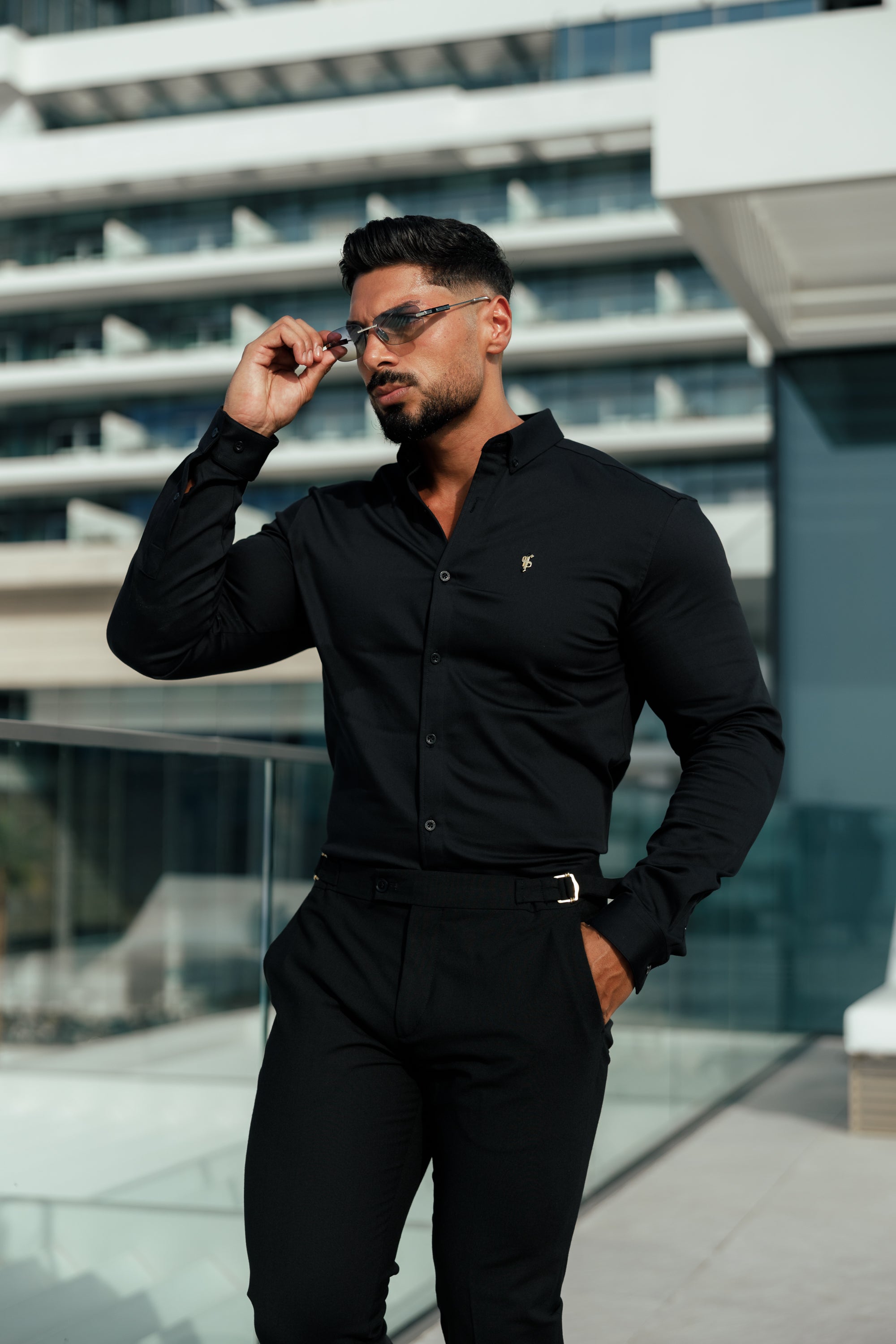 Slim Formal Black Stretch Trousers With Gold Waist Adjusters - FST036