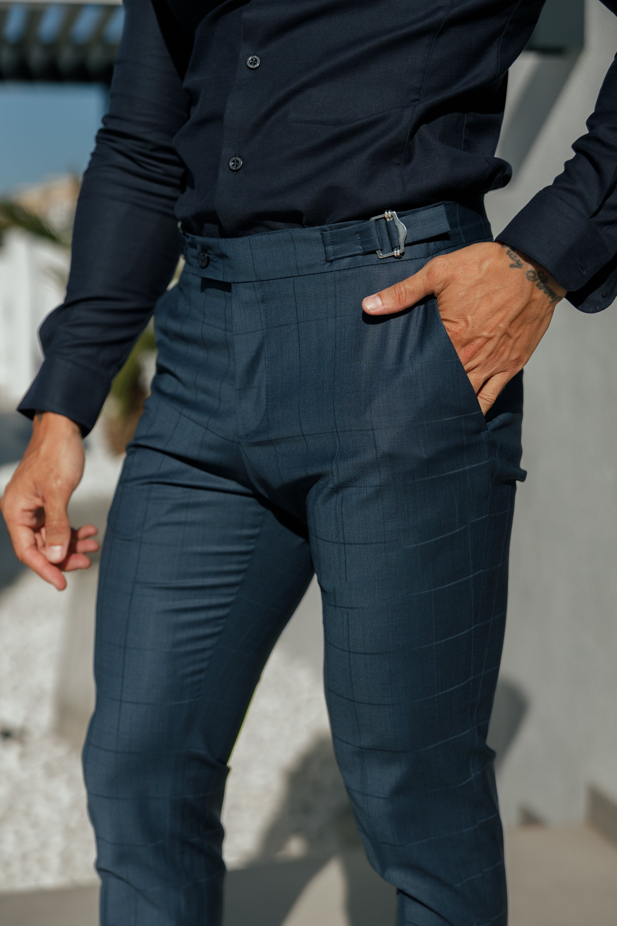 Slim Formal Navy Self Check Stretch Trousers with Side Adjusters - FST030
