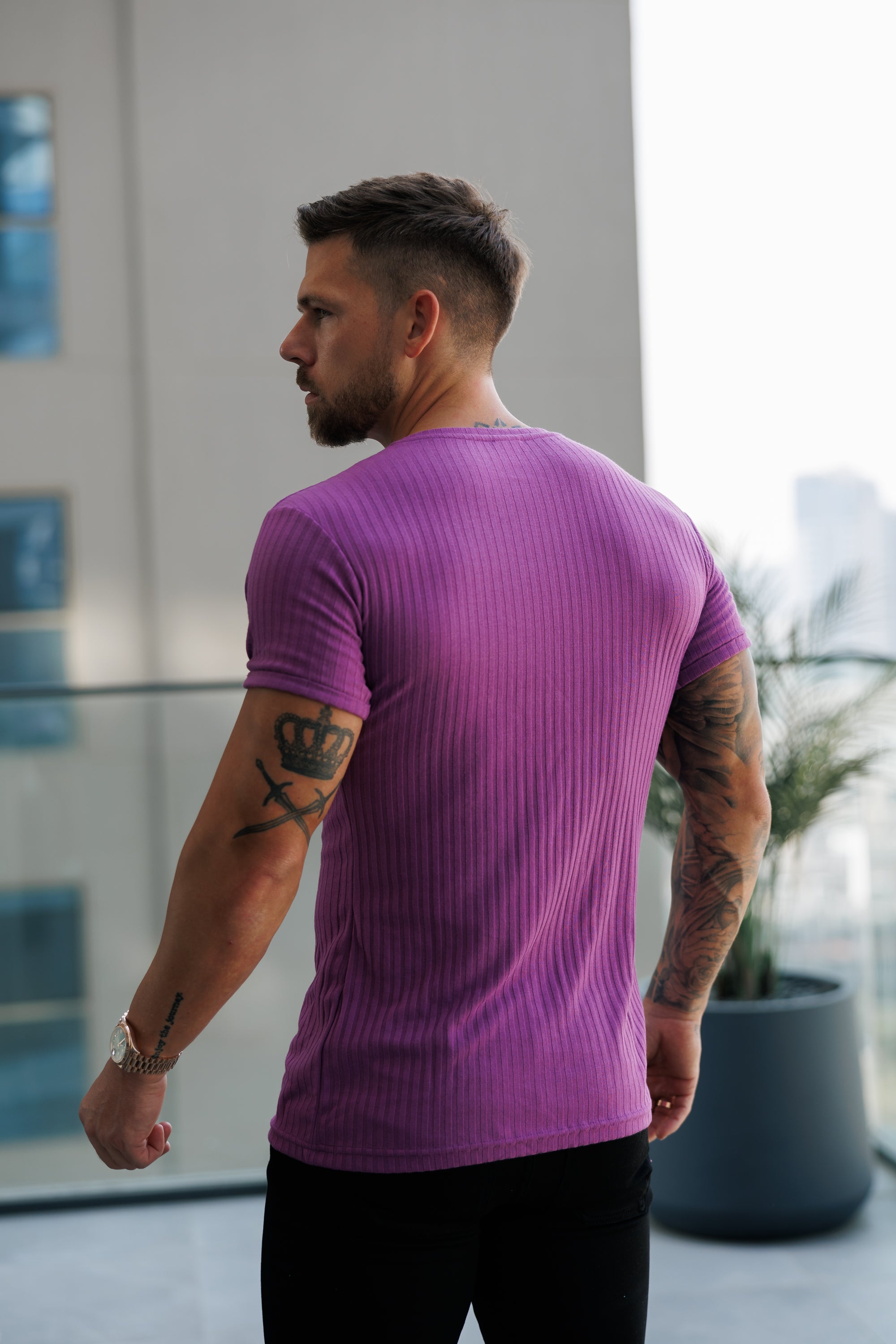 Classic Light Purple Ribbed Knit Super Slim Short Sleeve Crew - FSH1161