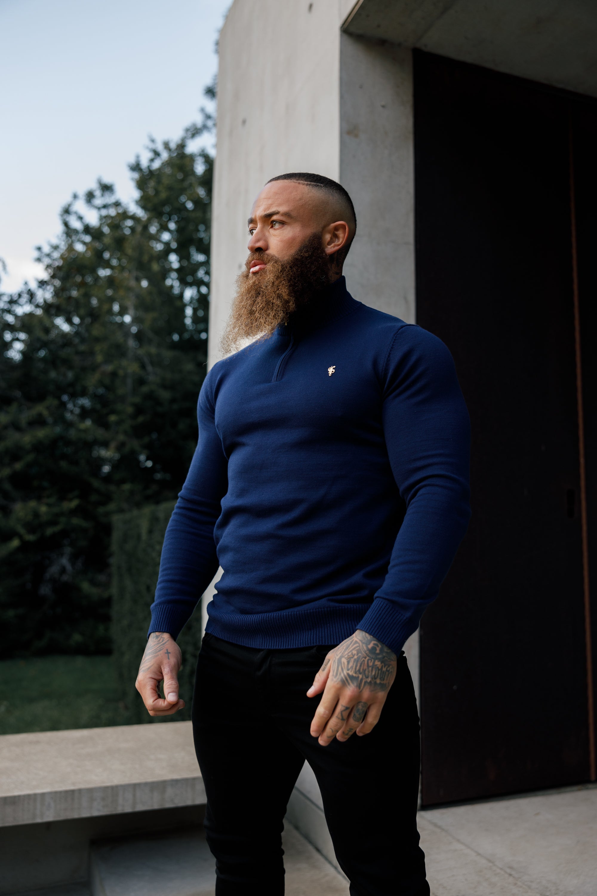 Navy Funnel Neck 1/2 Zip Knitted Jumper - FSN122