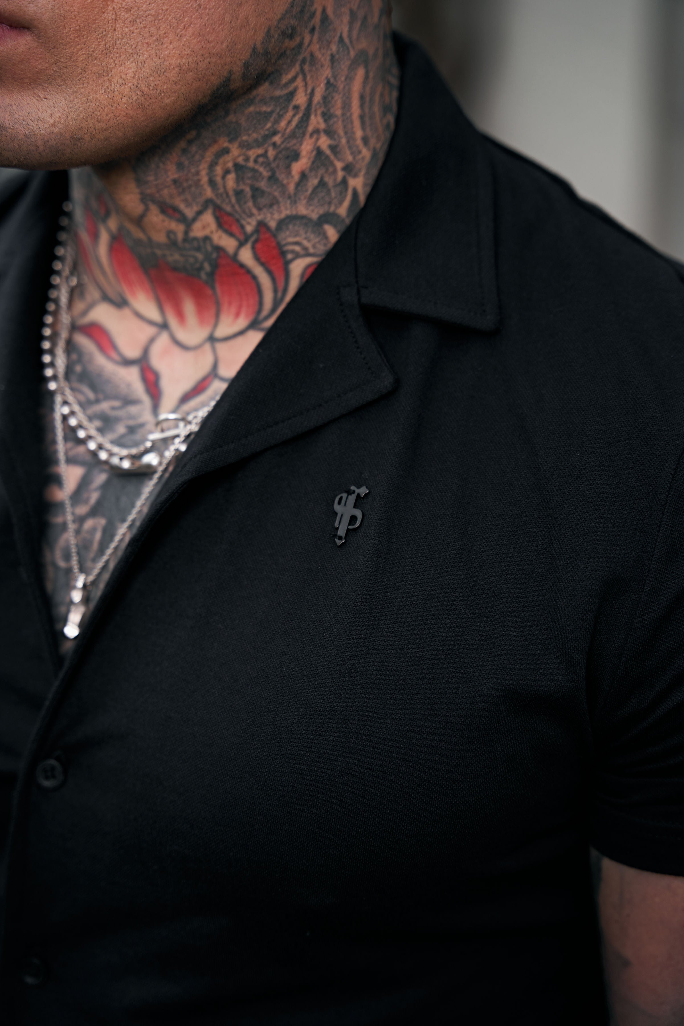 Stretch Black Pique Revere Shirt Short Sleeve - FSH1067