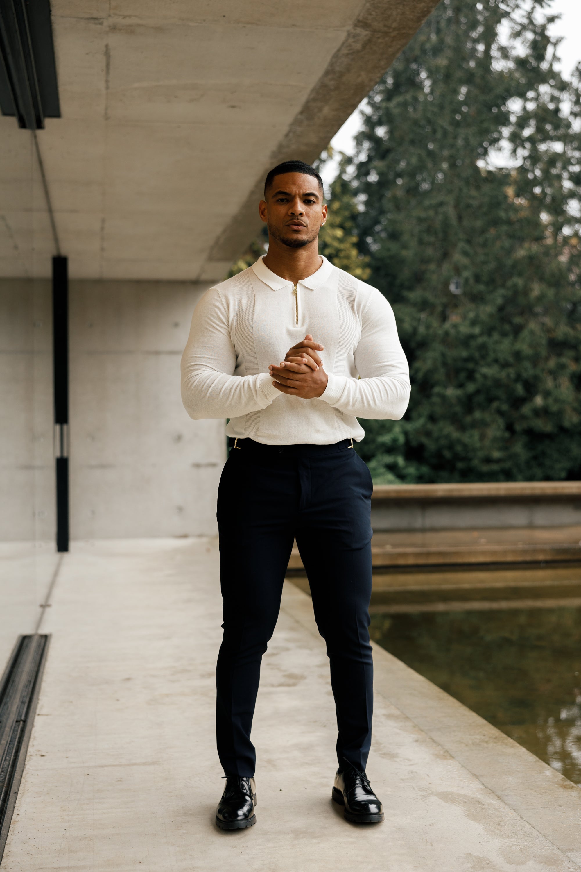 Classic White and Gold Zip Knitted Polo Shirt Long Sleeve - FSN125