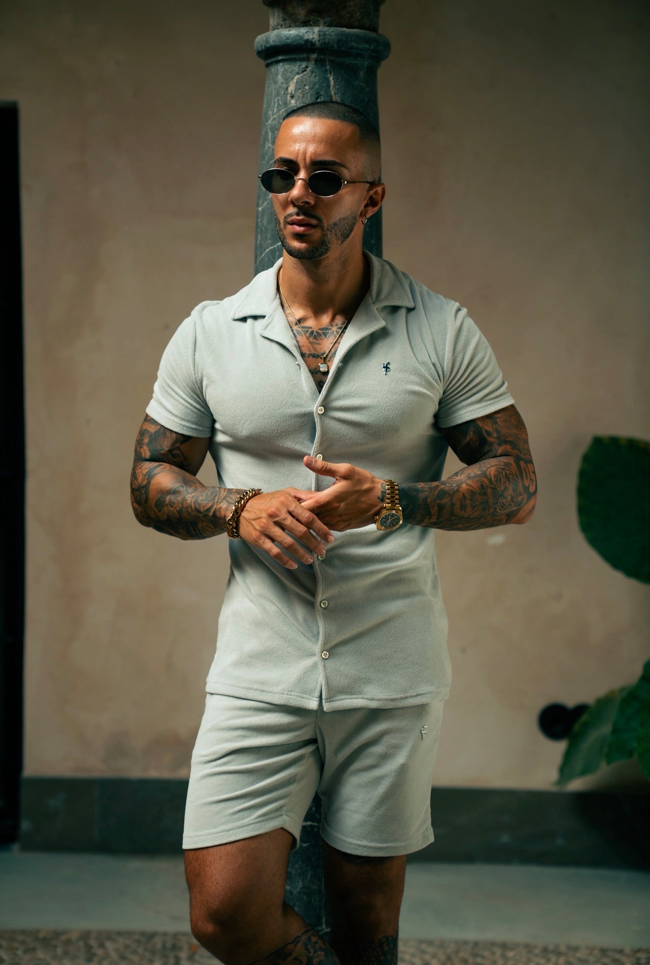 Light Grey Towelling Revere Shirt Short Sleeve - FSH1497