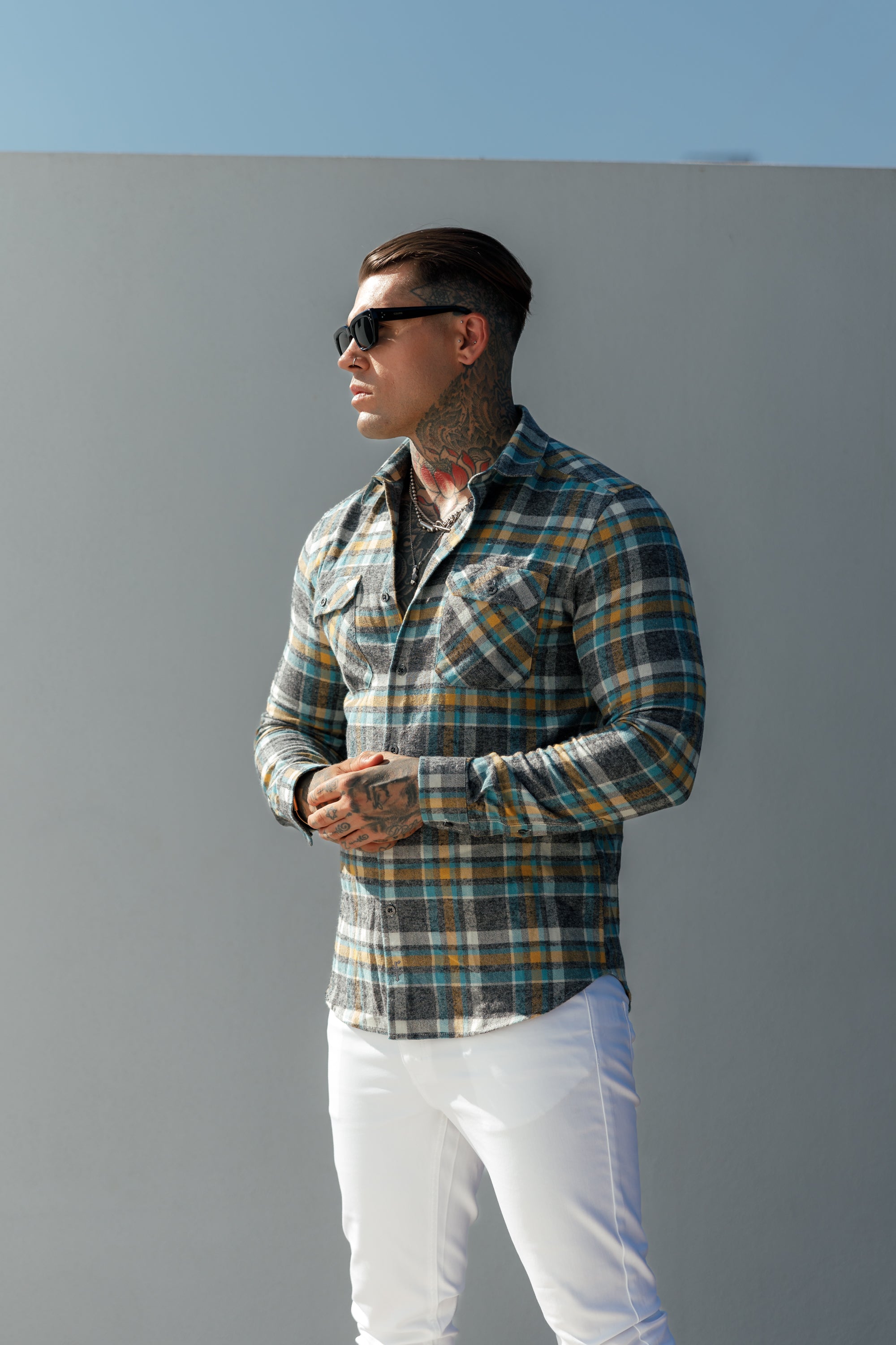 Aqua / Yellow Check Shacket With Double Pockets - FS1073