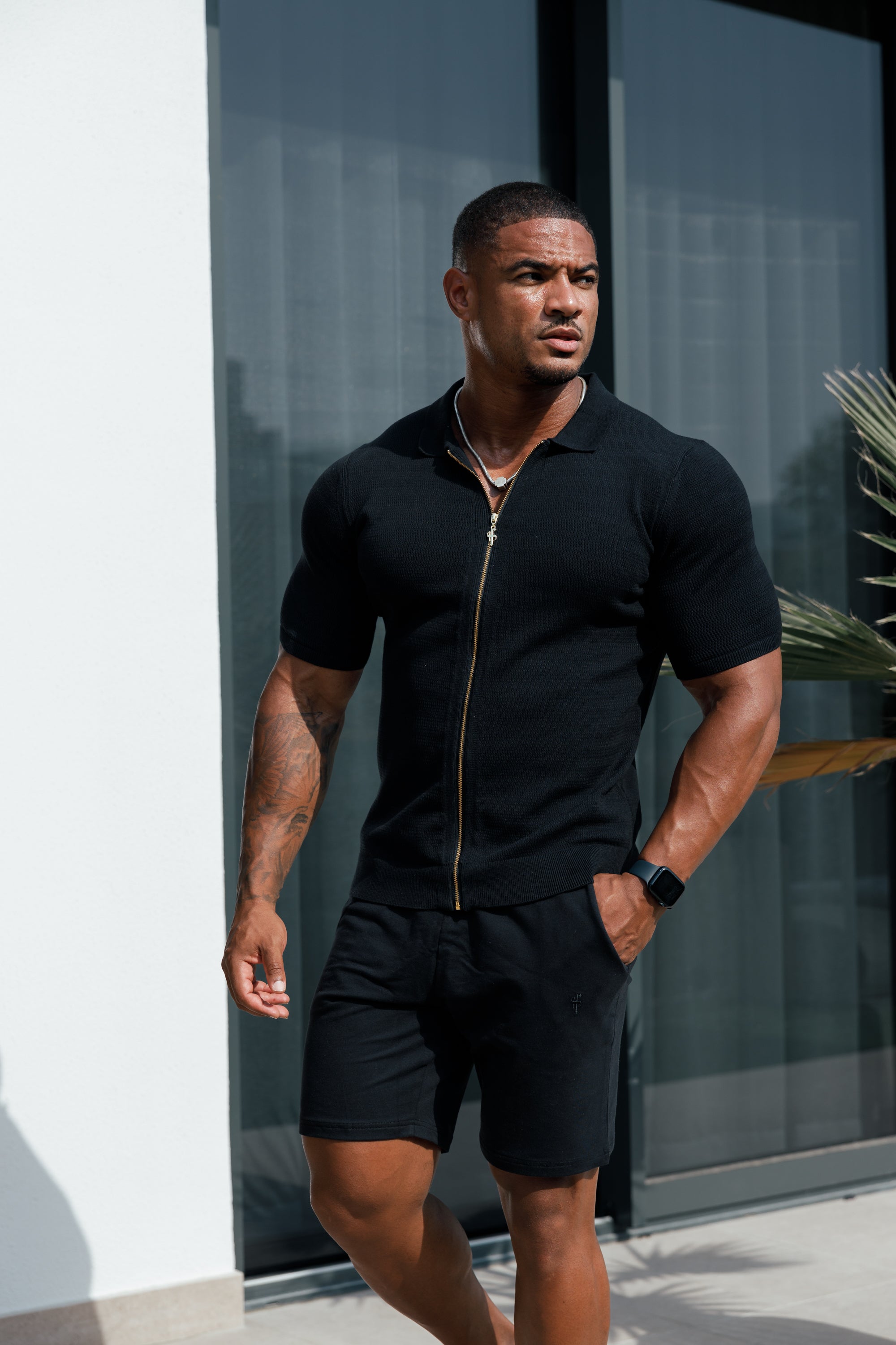 Classic Knitted Textured Design With Full Length Zip Black Short Sleeve - FSN151
