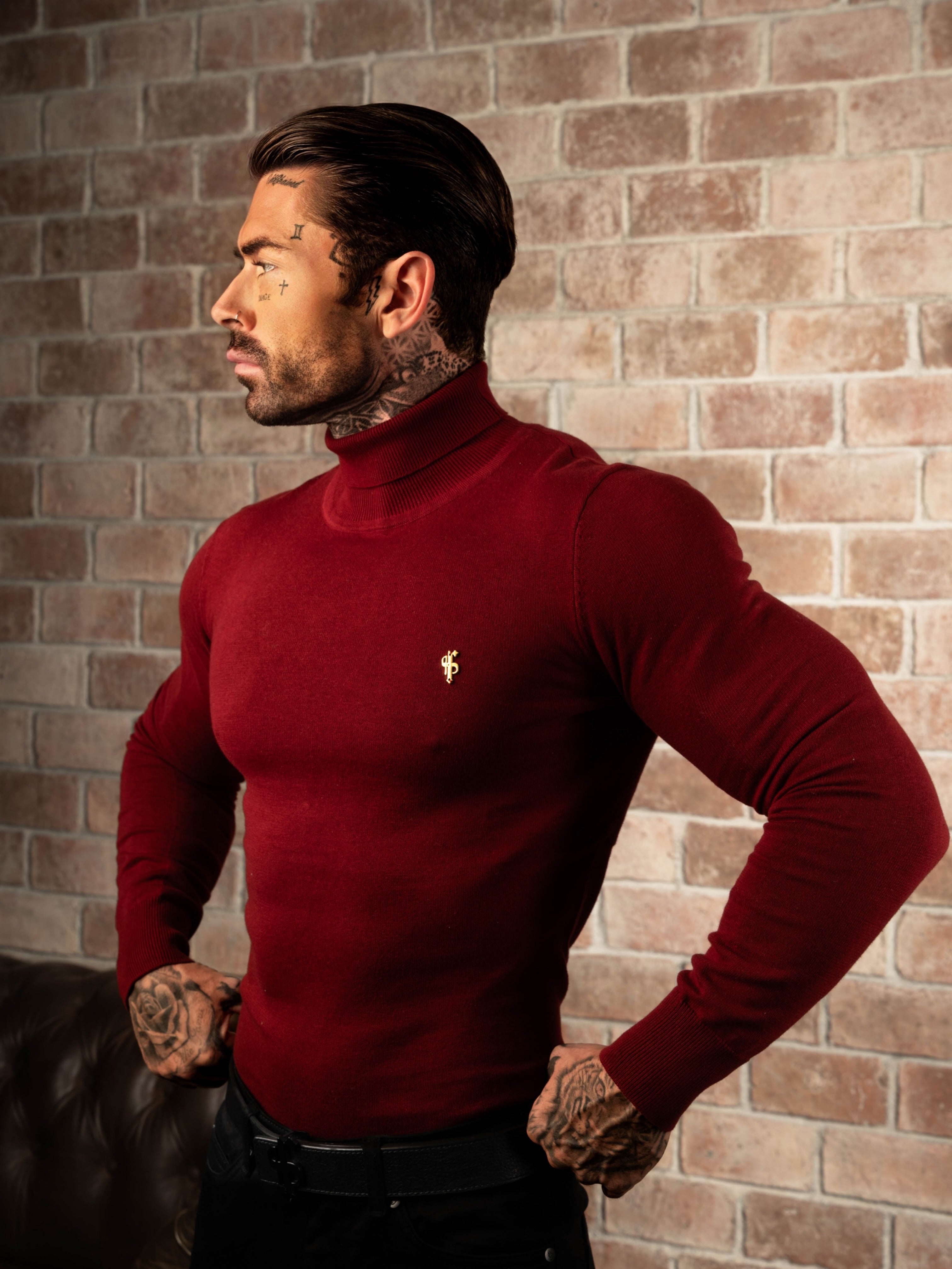 Brick Red Roll Neck Knitted Jumper With FS Branding - FSN203