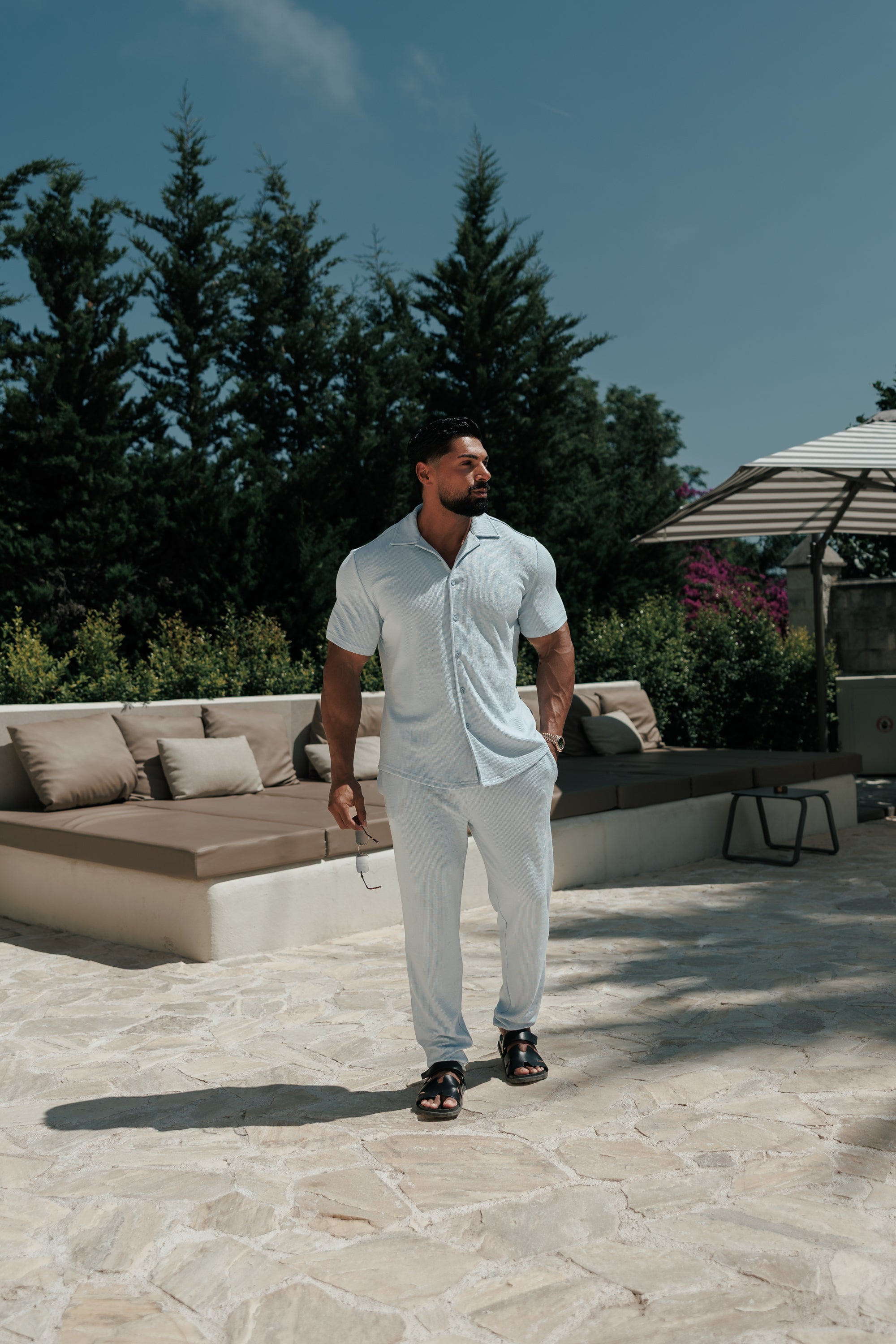 Jersey Cord Stretch Light Blue Revere Shirt Short Sleeve - FSR074 (PRE ORDER 18TH JULY)