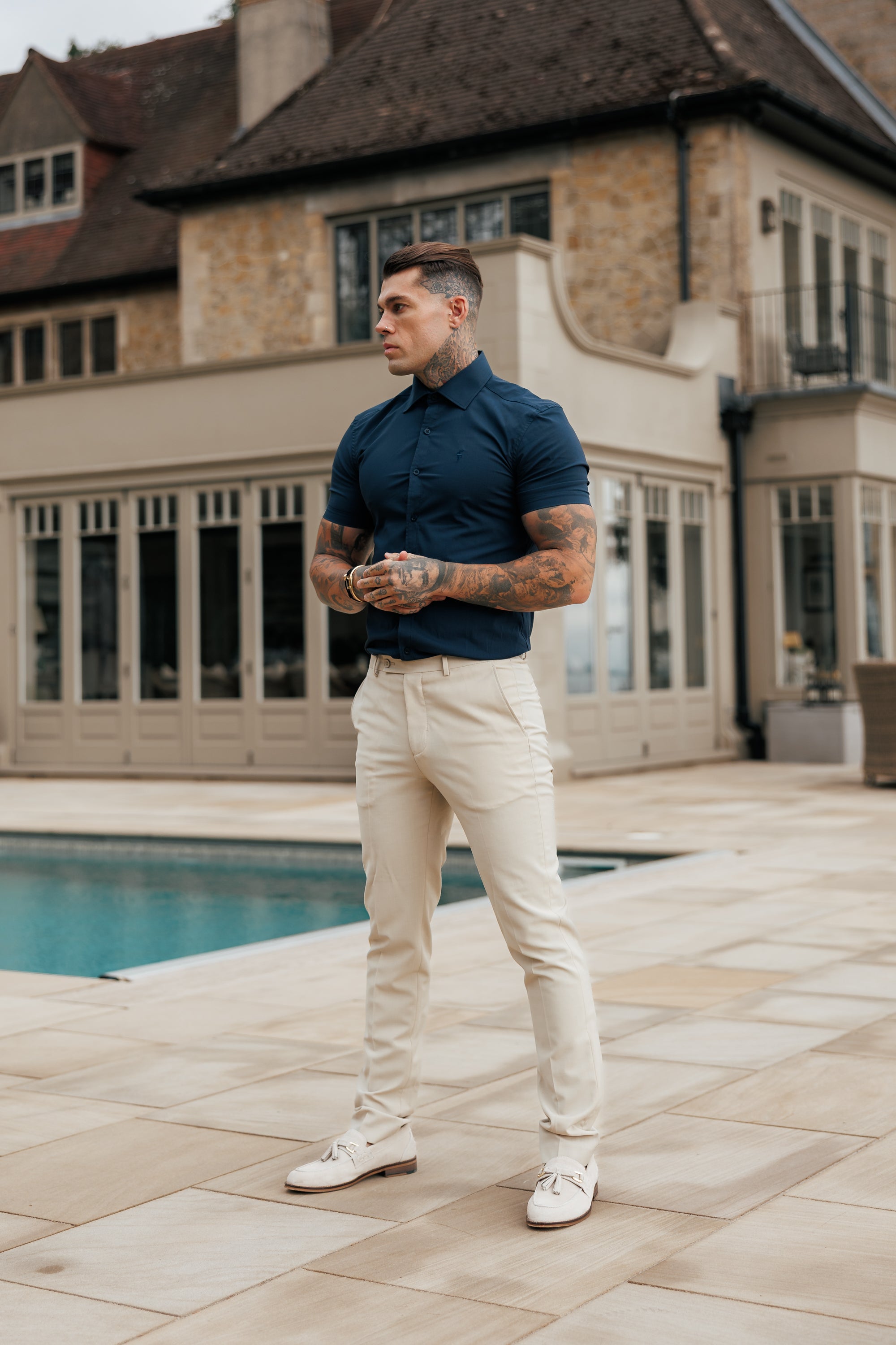 Muscle Fit Advanced Stretch Navy Short Sleeve with Cutaway Collar - FS1163