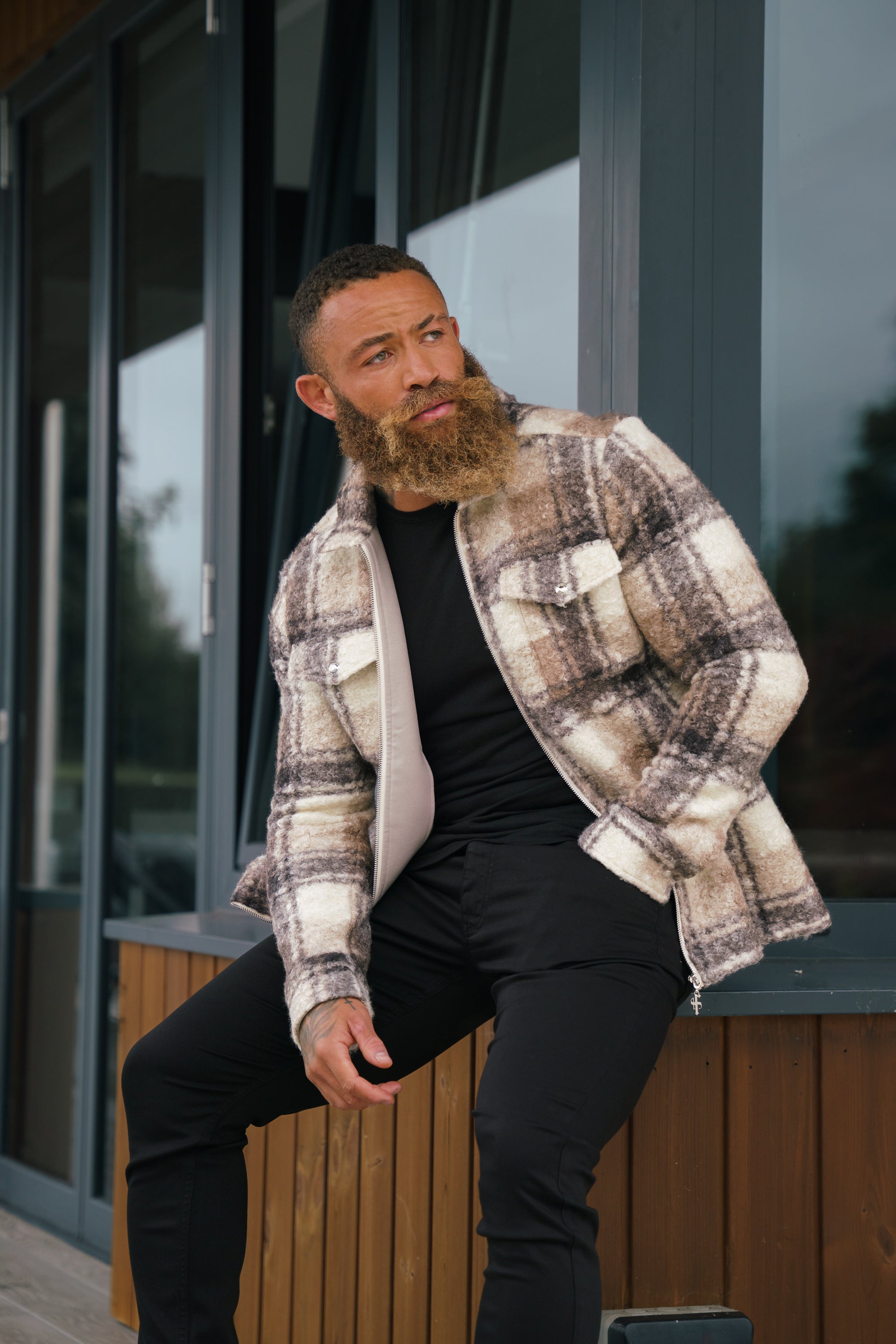 Boucle Zipped Check Jacket Taupe - FSN155