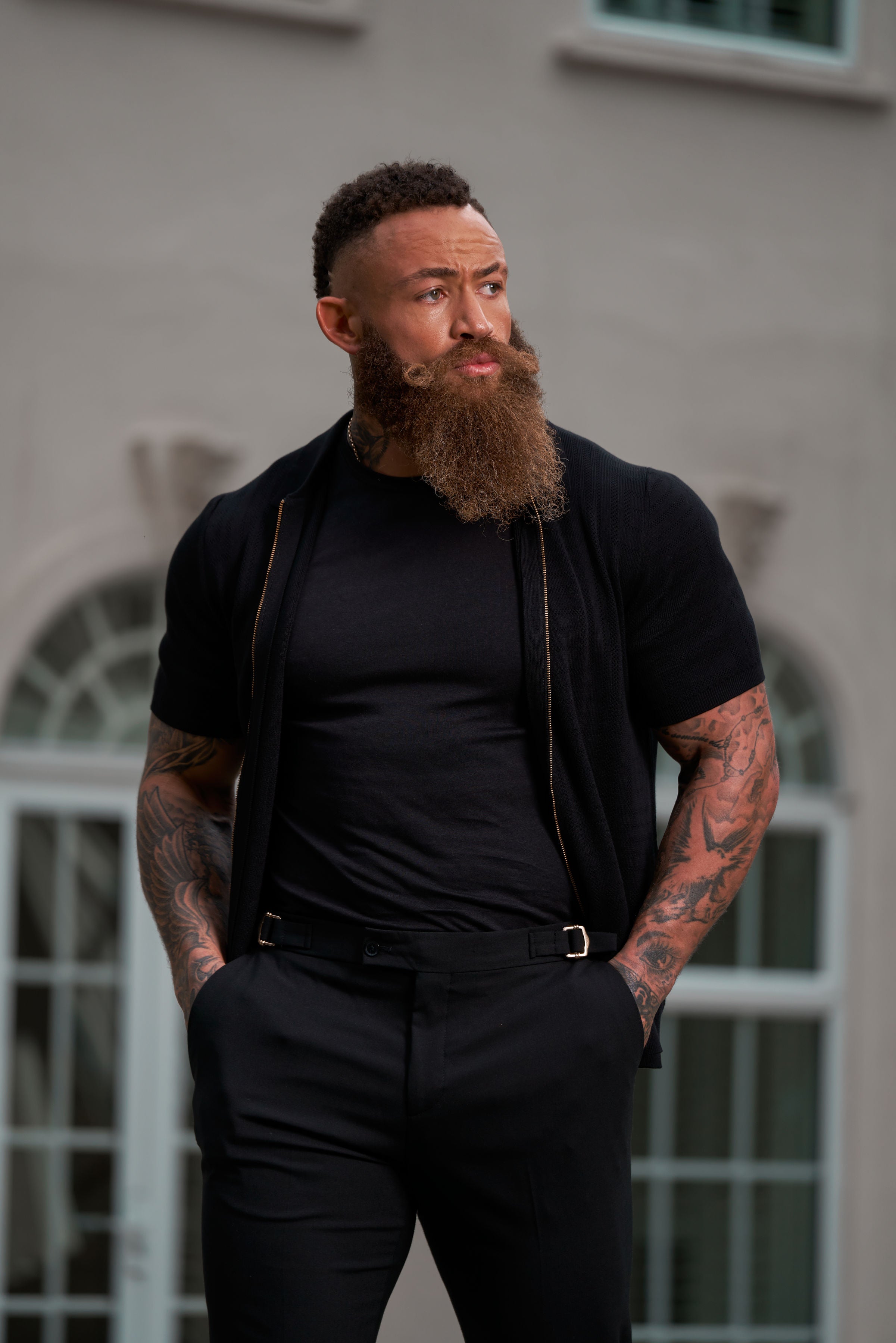 Classic Knitted Geo Design With Full Length Zip Black Short Sleeve - FSN147