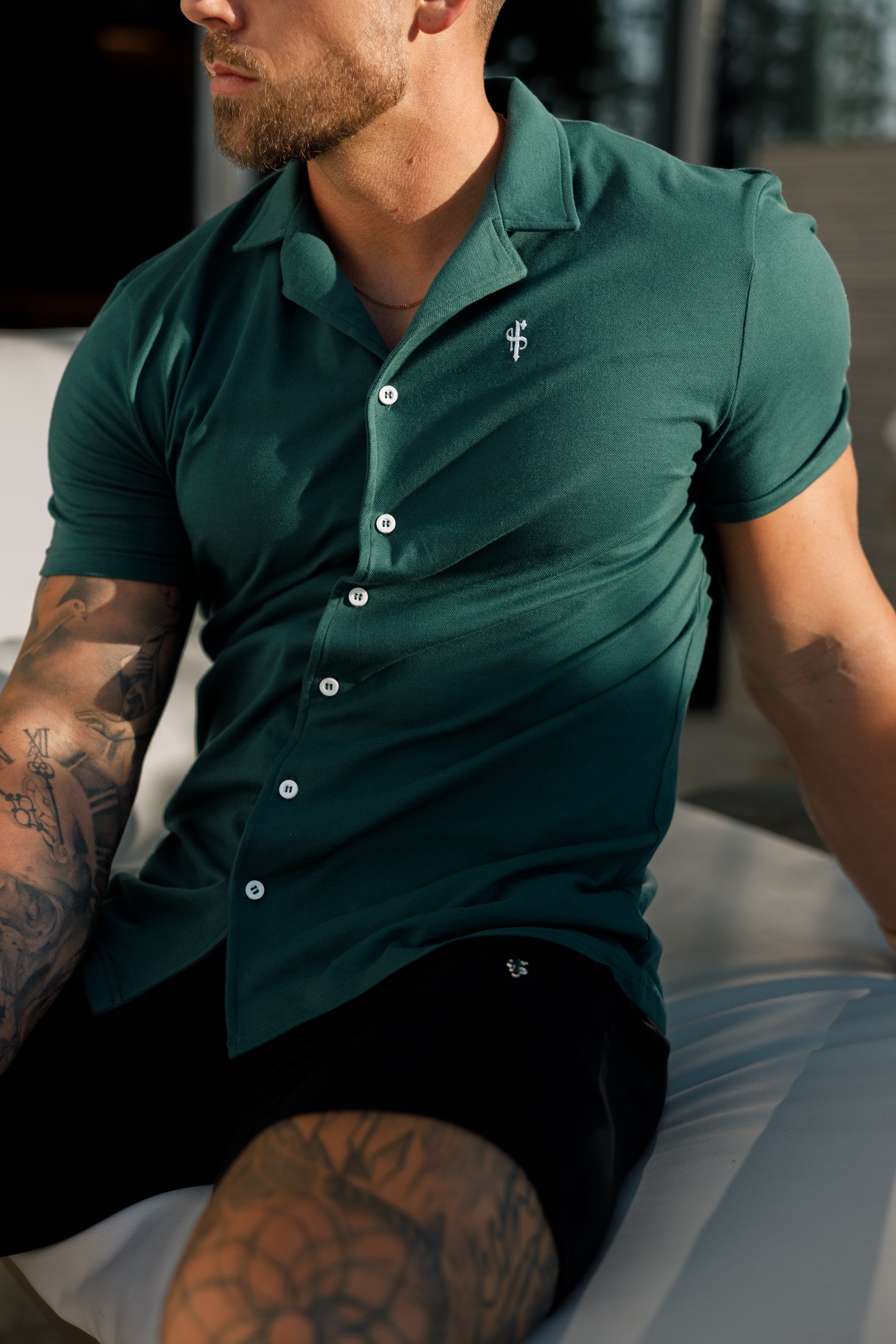 Stretch Green Pique Revere Shirt Short Sleeve - FSH1076
