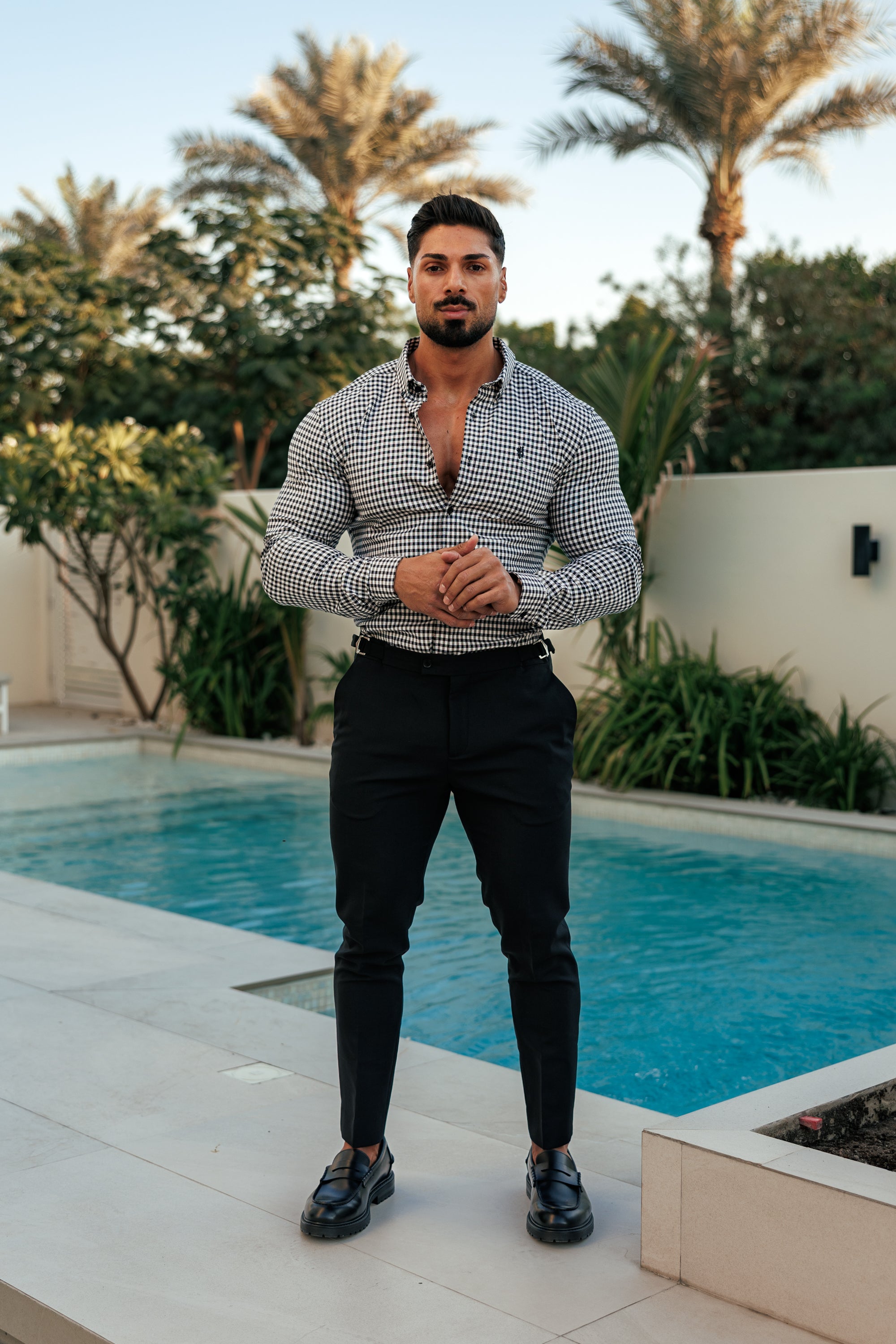 Super Slim Stretch White / Black Check Long Sleeve with Button Down Collar - FS1069