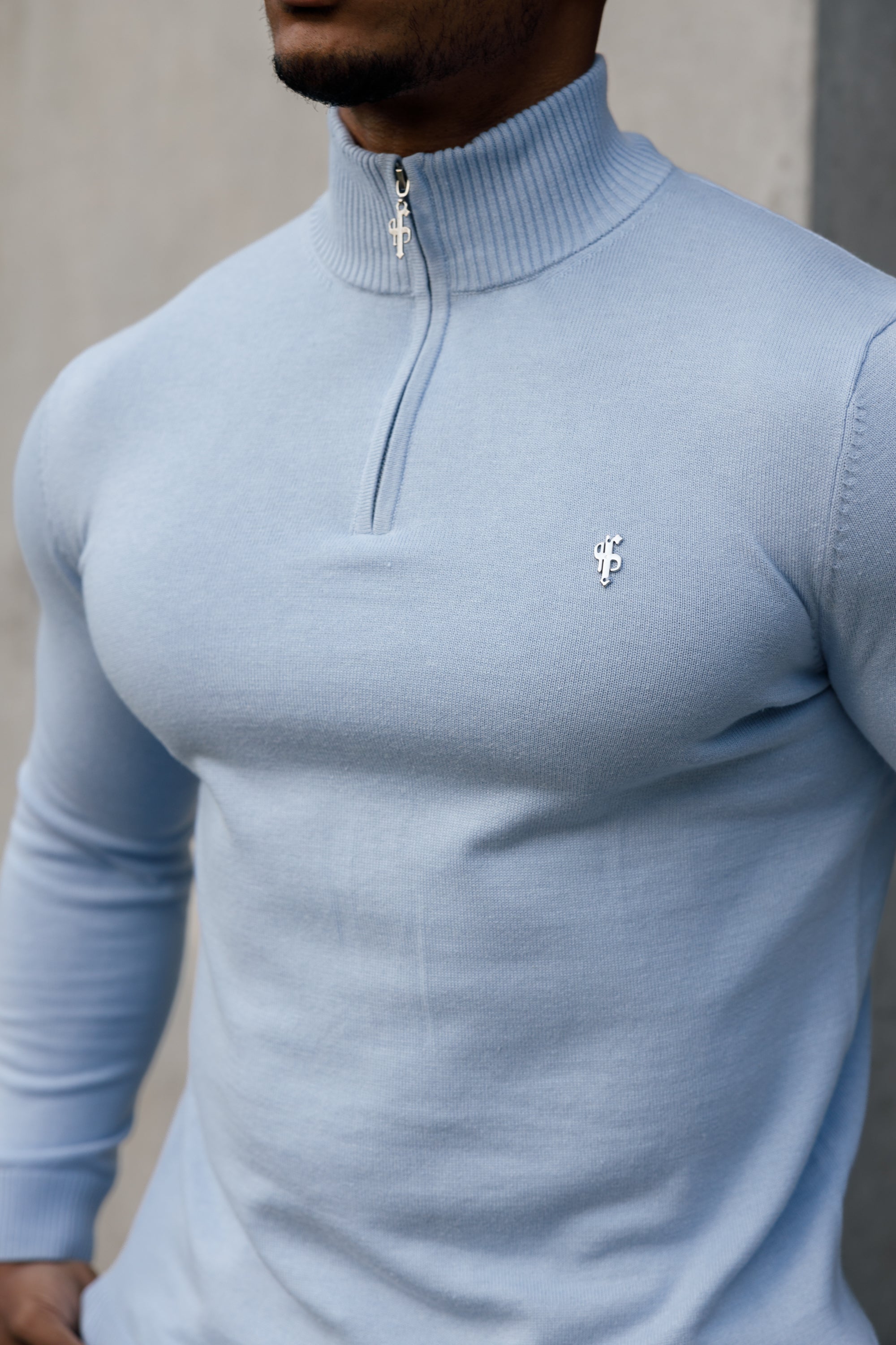 Light Blue Funnel Neck 1/2 Zip Knitted Jumper - FSN119