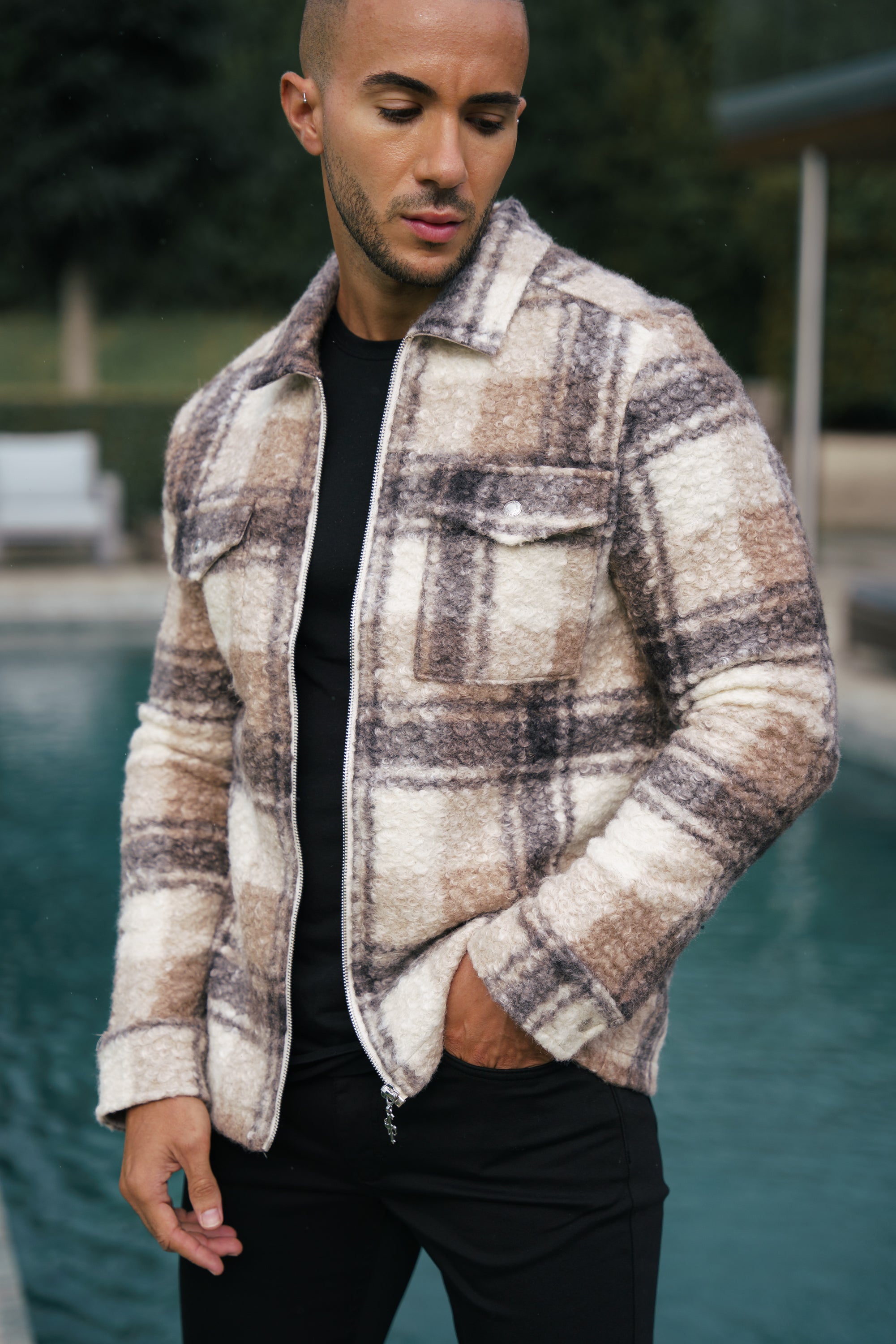 Boucle Zipped Check Jacket Taupe - FSN155