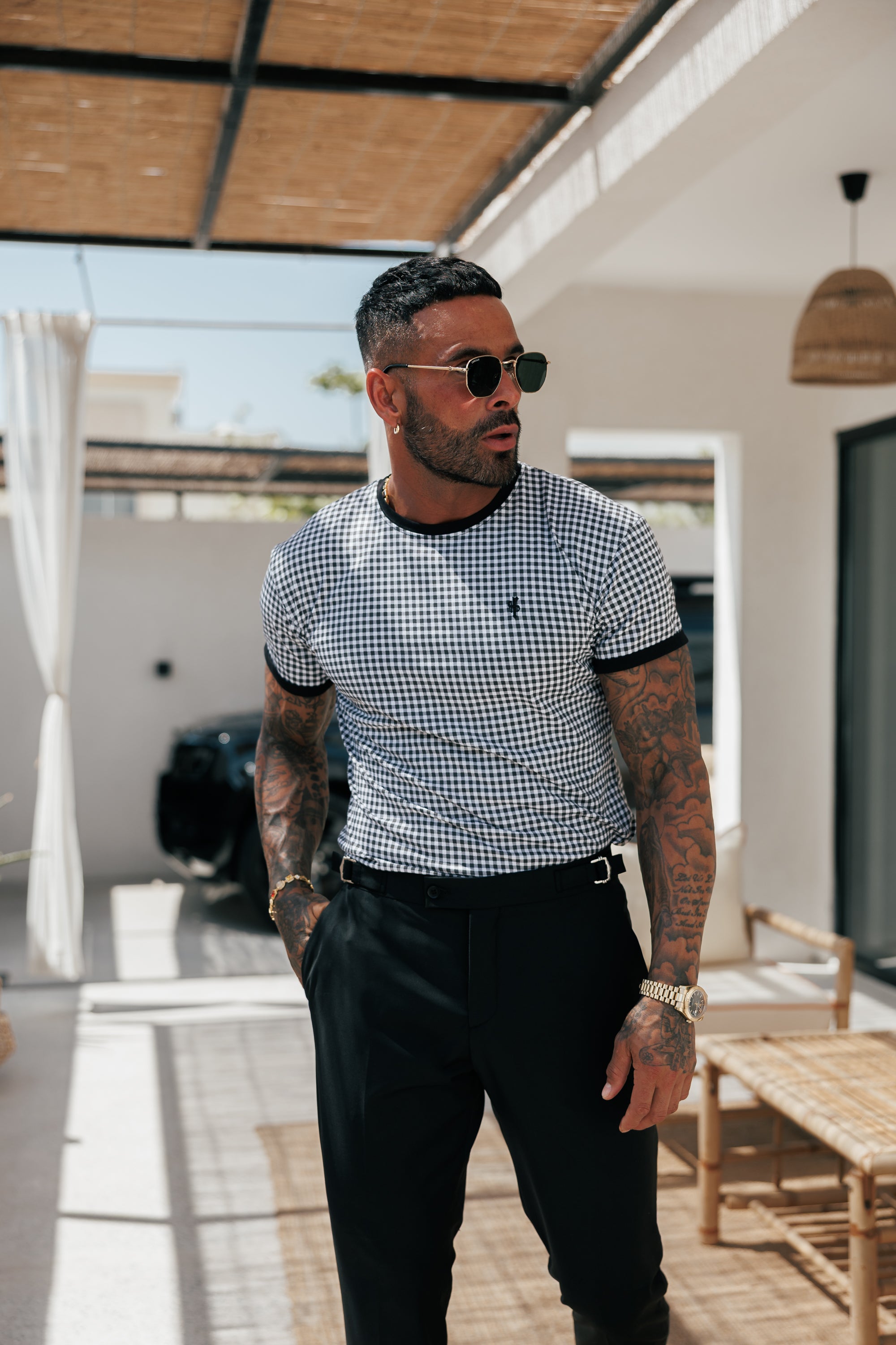 Printed Black / White Check Fitted T Shirt - FSH1238