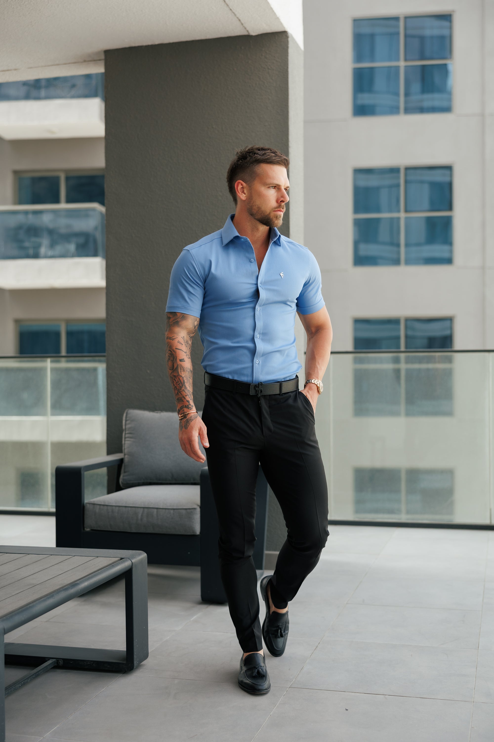 Super Slim Stretch Light Blue Denim Short Sleeve with Cutaway Collar- FS1152